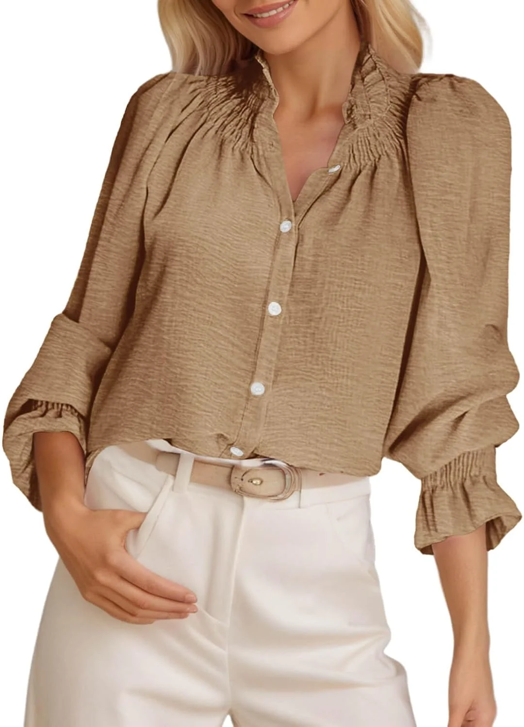 Tankaneo بلوز زنانه آستین پفی بلند دکمه دار یقه ایستاده چین دار، مناسب استایل کژوال و آزاد