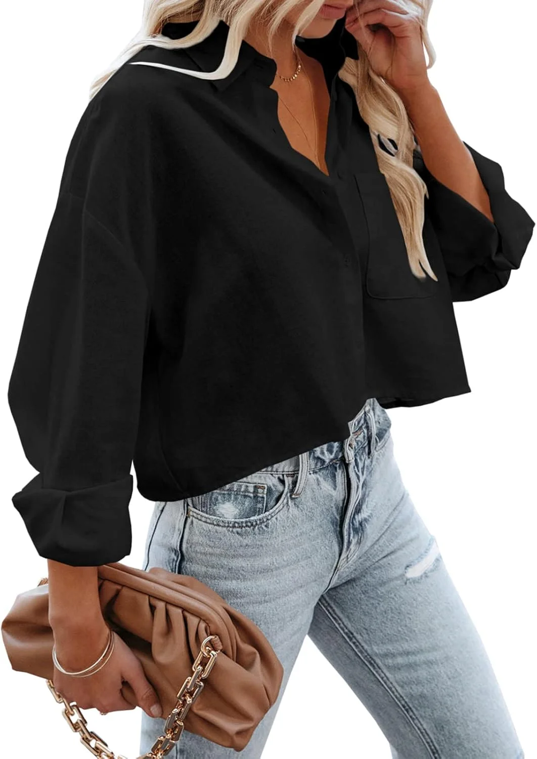 Tankaneo پیراهن زنانه دکمه دار کوتاه آستین بلند، تاپ های کوتاه غیر رسمی، بلوز یقه دار ساده با جیب سینه