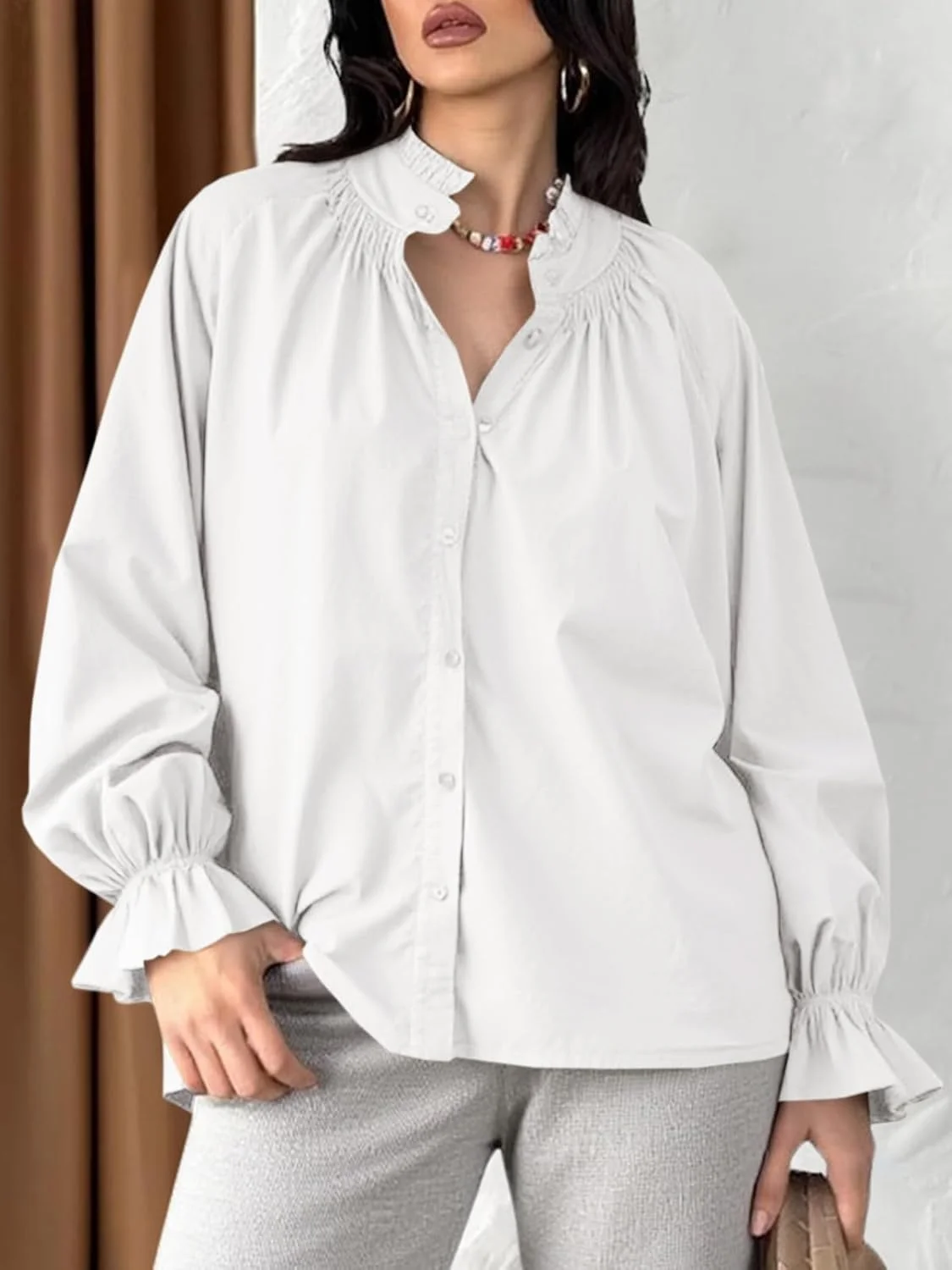 Tankaneo بلوز زنانه آستین پفی بلند دکمه دار، یقه هفت، نخی، گشاد، مدل دار و غیر رسمی