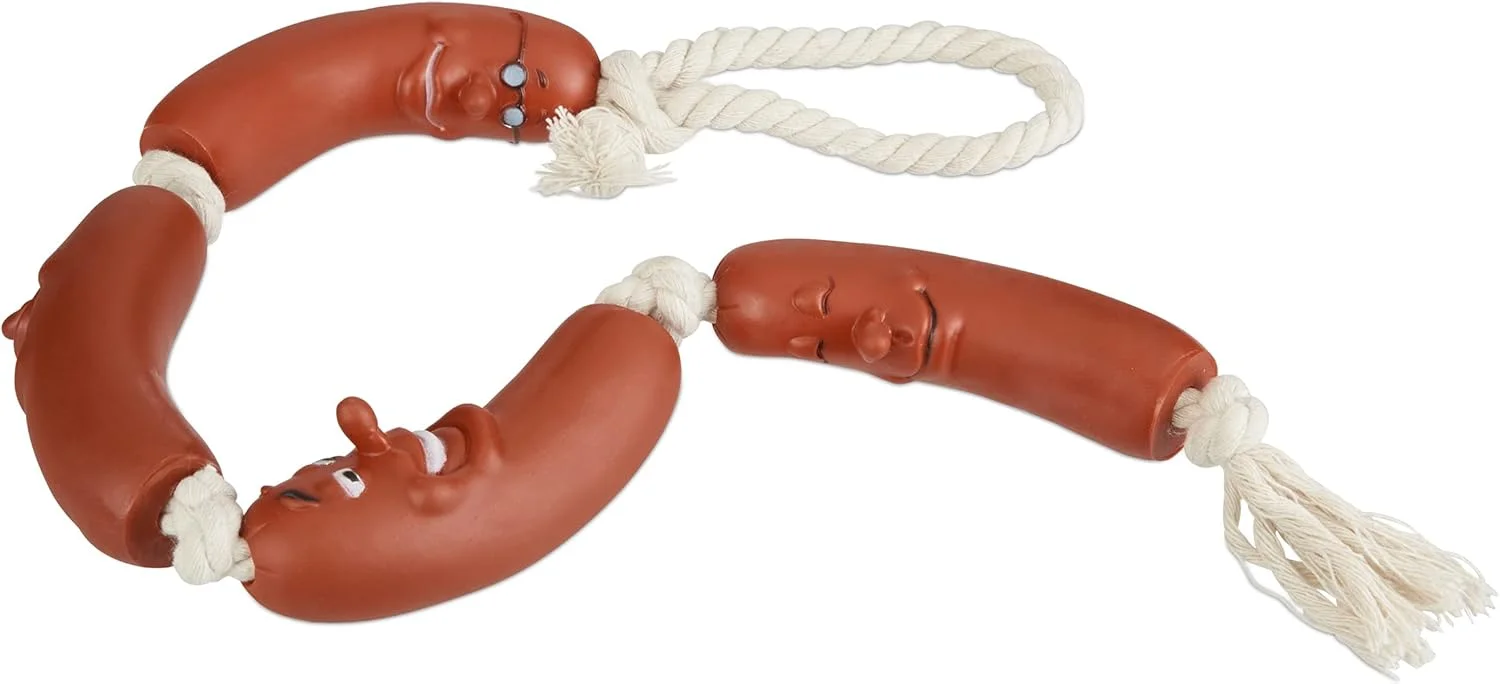 اسباب بازی جویدنی سگ Relaxdays طرح سوسیس، مناسب سگ های کوچک و متوسط، مقاوم، بدون صدا، 65 سانتی متر طول، اسباب بازی جویدنی سگ طرح سوسیس قرمز/سفید، بسته 1 عددی