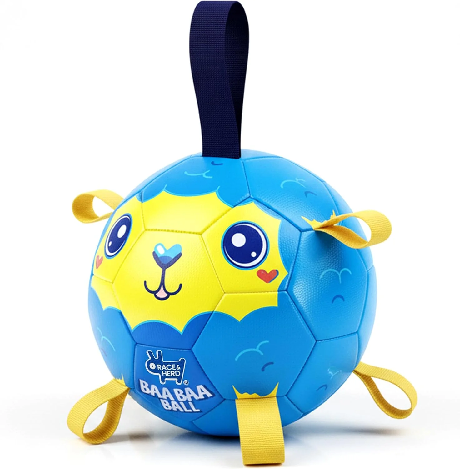 توپ فوتبال نشاط آور 6 اینچی Race&Herd برای سگ ها - توپ بازی سگ بادوام و مقاوم با بند، توپ های پرشی گله ای برای سگ ها، توپ های شناور سگ با برچسب برای بازی آب (BaaBaaBall، بره کوچک)
