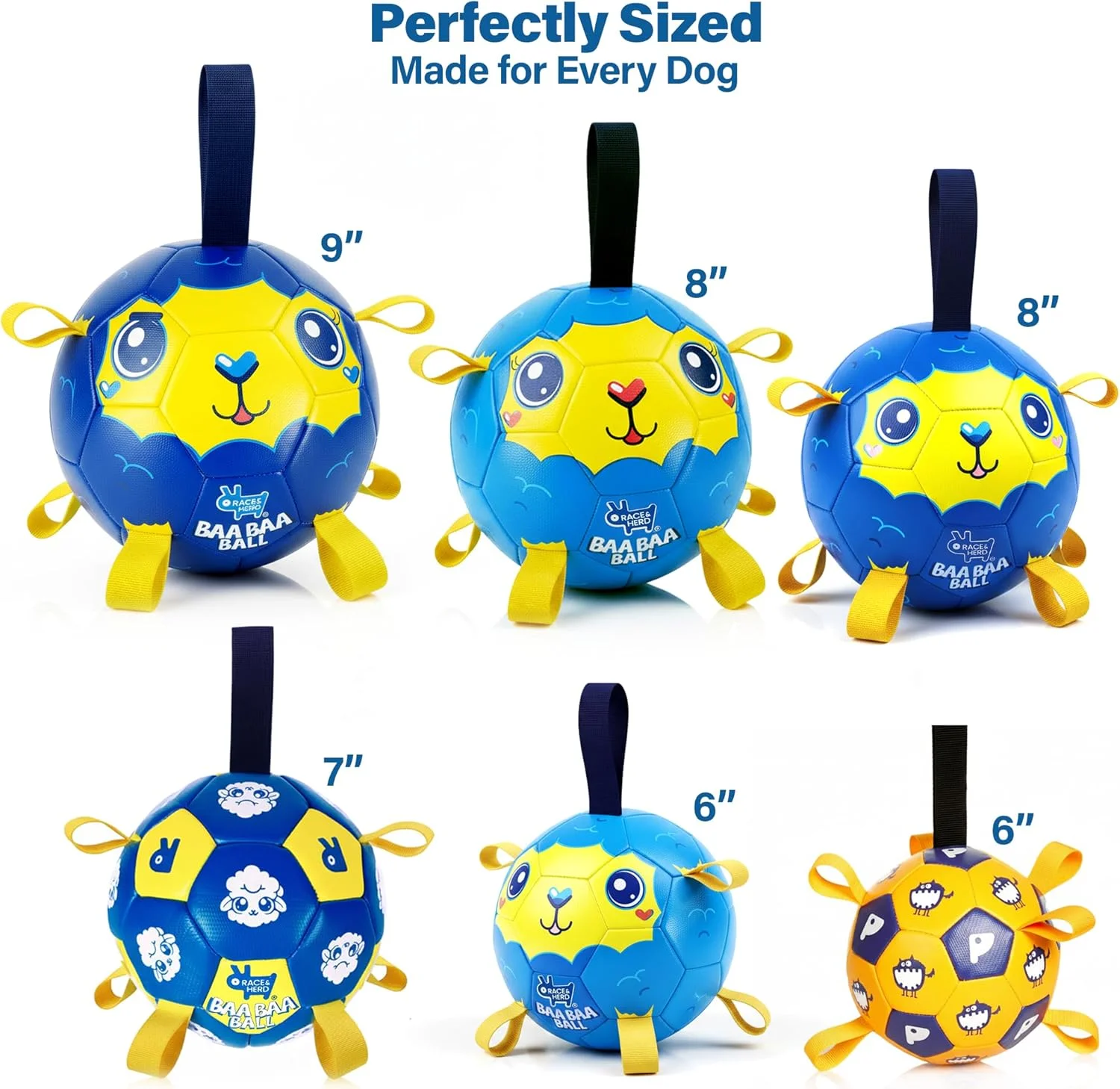 توپ فوتبال نشاط آور 6 اینچی Race&Herd برای سگ ها - توپ بازی سگ بادوام و مقاوم با بند، توپ های پرشی گله ای برای سگ ها، توپ های شناور سگ با برچسب برای بازی آب (BaaBaaBall، بره کوچک)