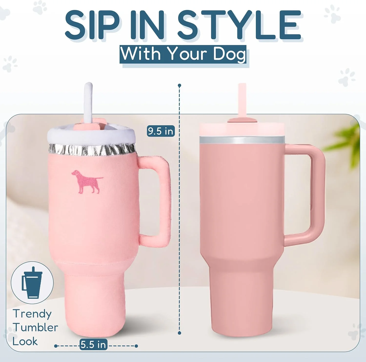 اسباب بازی سگ مخملی فنجان پاپی PUPROAR | اسباب بازی سگ فنجانی با دسته و نی | اسباب بازی بزرگ سگ، مشابه فنجان استیل 30 اونسی (صورتی هلویی)