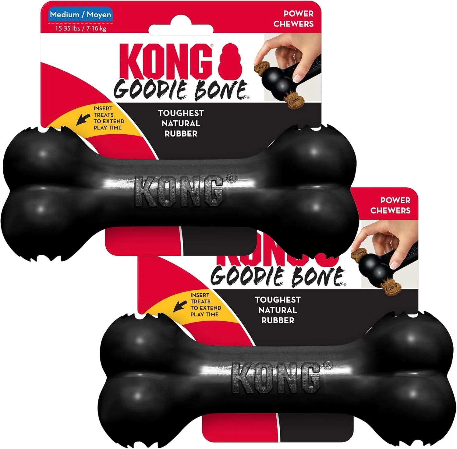 استخوان گودی اکستریم KONG سایز متوسط بسته 2 عددی - اسباب بازی لاستیکی بسیار بادوام برای سگ های با قدرت جویدن بالا - اسباب بازی جویدنی سخت برای سگ های متوسط - مشکی