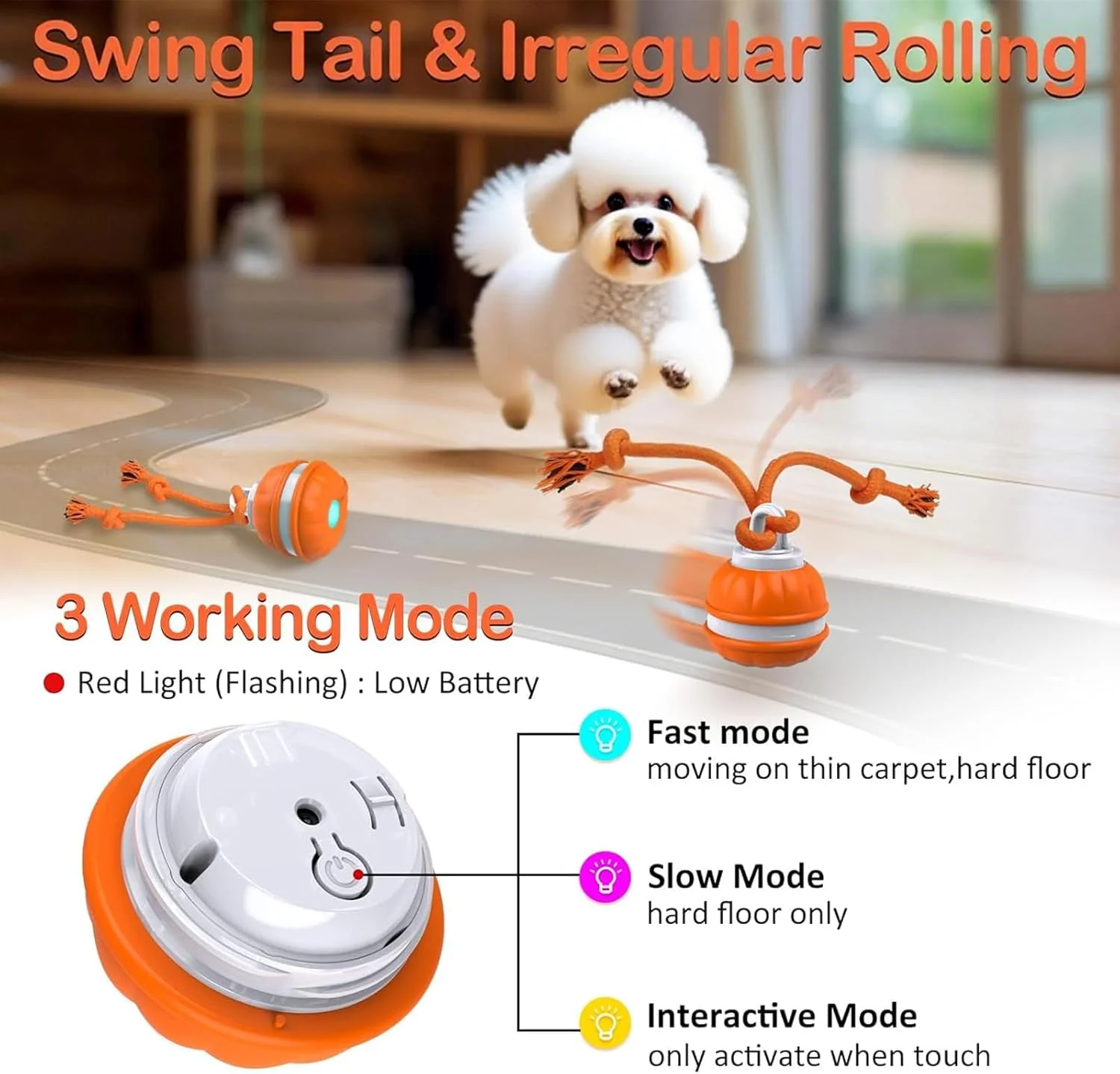 اسباب بازی های تعاملی سگ، توپ هوشمند خودکار با 3 حالت، اسباب بازی های متحرک سگ با صداهای پرنده، توپ غلتکی فعال خودکار برای سگ ها، مناسب برای سگ ها و گربه های کوچک، متوسط ​​و بزرگ