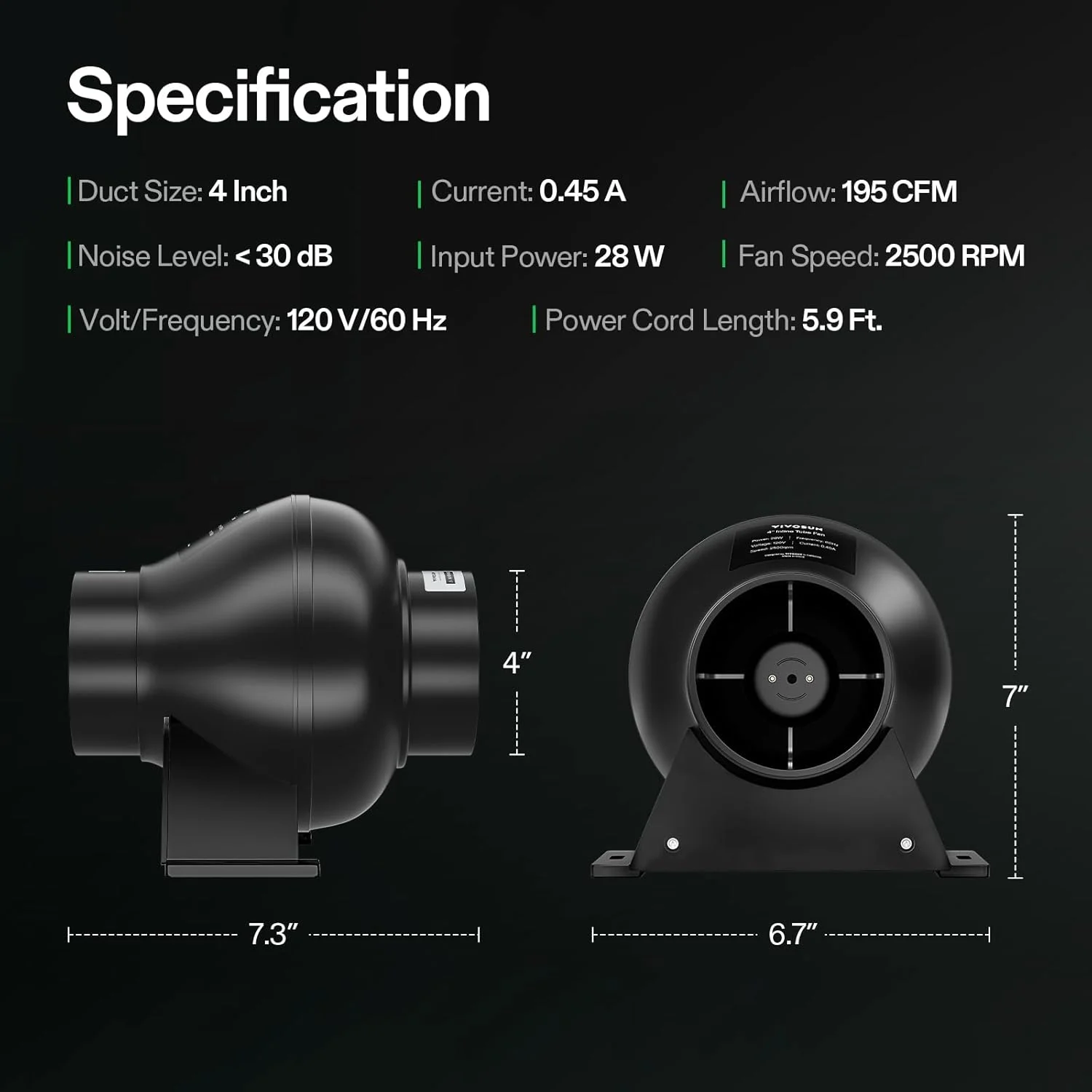 فن کانالی 4 اینچی VIVOSUN D4 با قدرت 195 CFM، دمنده هواکش HVAC برای گلخانه های هیدروپونیک فن کانالی 4 اینچی VIVOSUN D4 با قدرت 195 CFM، دمنده هواکش HVAC برای گلخانه های هیدروپونیک