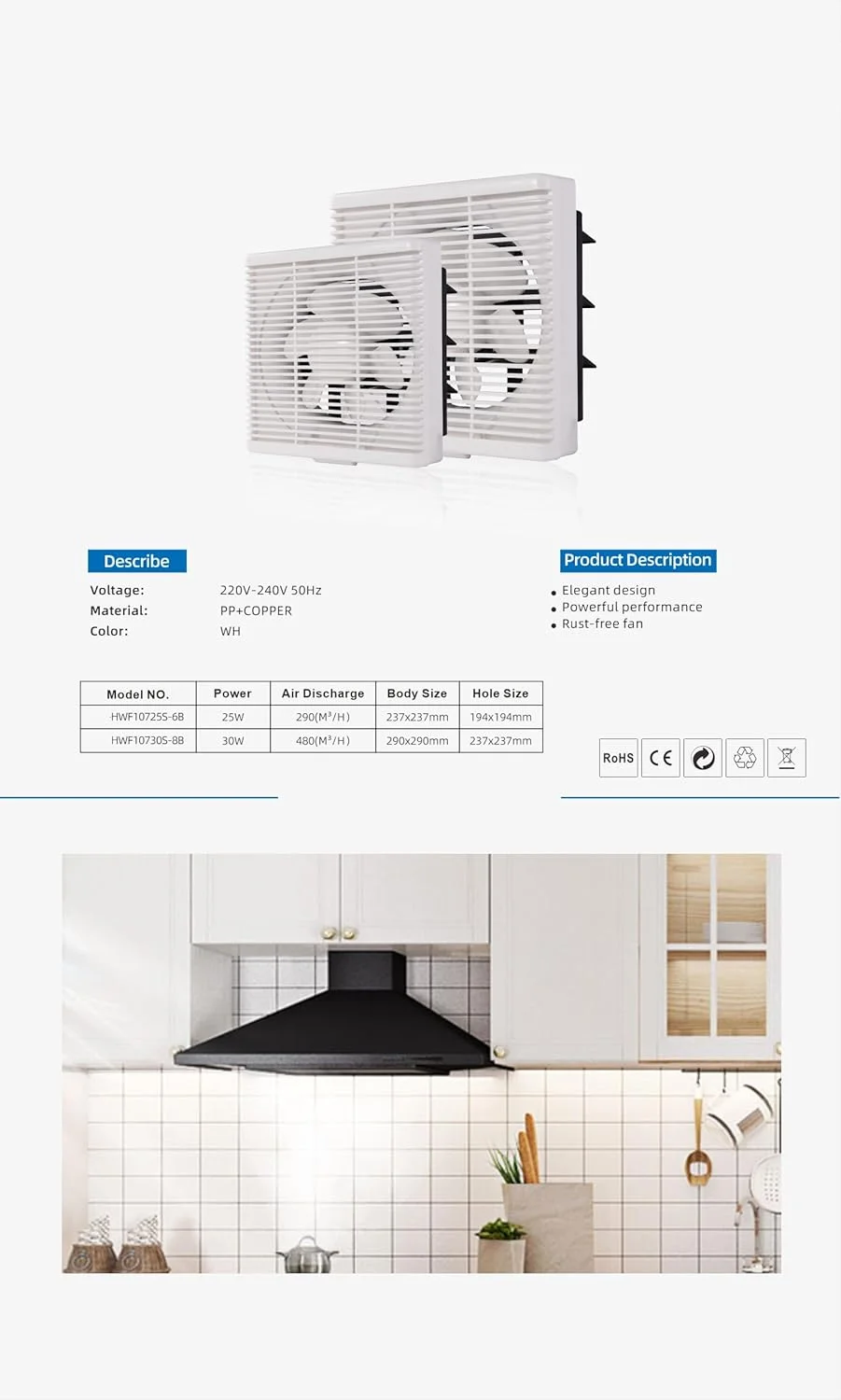 فن تهویه، فن کرکره ای اگزوز 22 وات، 6 اینچ 290 متر مکعب در ساعت، جریان هوای قوی، برای حمام آشپزخانه، VAC220-240V 50/60HZ، اندازه بدنه: 230x230x150mm، اندازه سوراخ: Φ175mm