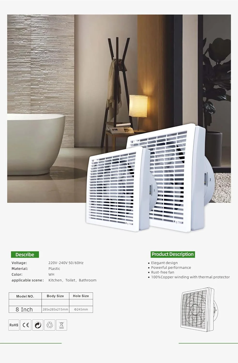 فن تهویه، فن تخلیه قوی، عملکرد قدرتمند، صرفه جویی در انرژی بی صدا، VAC220-240V 50/60HZ، اندازه بدنه: 285x285x215mm، 8 اینچ، اندازه سوراخ: Φ245mm