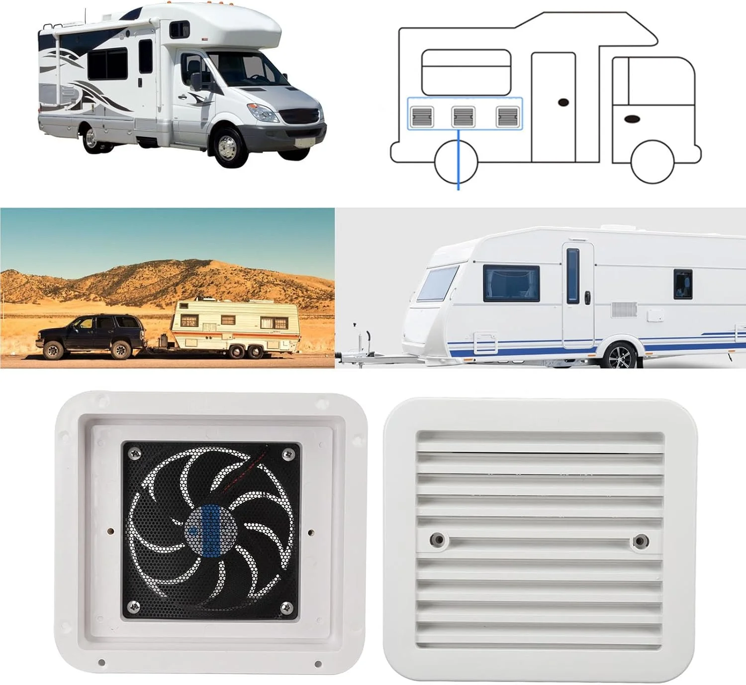 فن RV، فن دریچه هوای جانبی 5 ولت با کرکره، فن تخلیه تهویه هوا، فن هوای خنک کننده، فن هوای قوی یک طرفه کم صدا برای خانه متحرک، RV، کاروان، تریلر