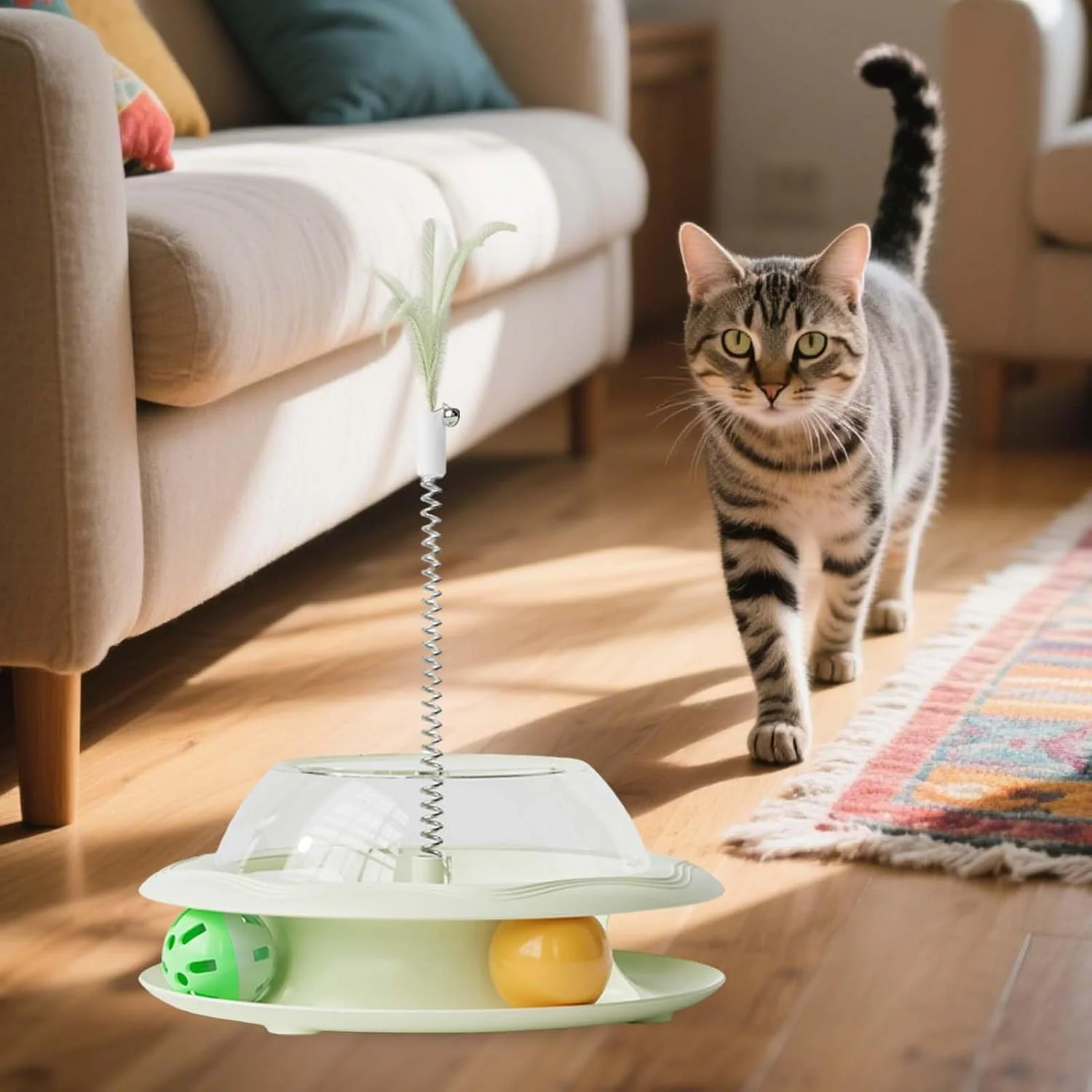 اسباب بازی پخش کننده تشویقی گربه - اسباب بازی غذای گربه با چوب بازی فنری و توپ - بازی تغذیه ای برای شبیه سازی شکار و ورزش حیوانات خانگی - رفع خستگی