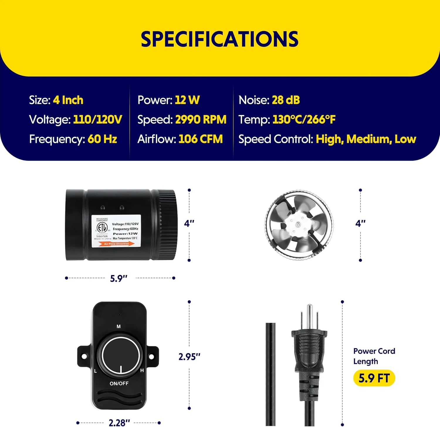 فن تقویت کننده خطی 4 اینچی iPower با کنترل سرعت، فن تهویه مطبوع 106 CFM برای حمام، آشپزخانه، زیرزمین، اتاق زیر شیروانی و چادر رشد فن تقویت کننده خطی 4 اینچی iPower با کنترل سرعت، فن تهویه مطبوع 106 CFM برای حمام، آشپزخانه، زیرزمین، اتاق زیر شیروانی و چادر رشد