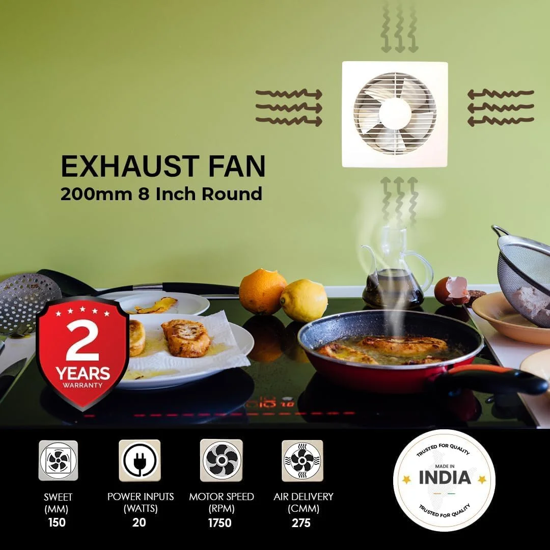 فن تهویه فورموست 200 میلی متر / 8 اینچ گرد، مناسب حمام، ساخت هند، مکش هوای قوی، ABS، ضد زنگ، برای آشپزخانه، توالت، دفتر کار (بسته 1 عددی)
