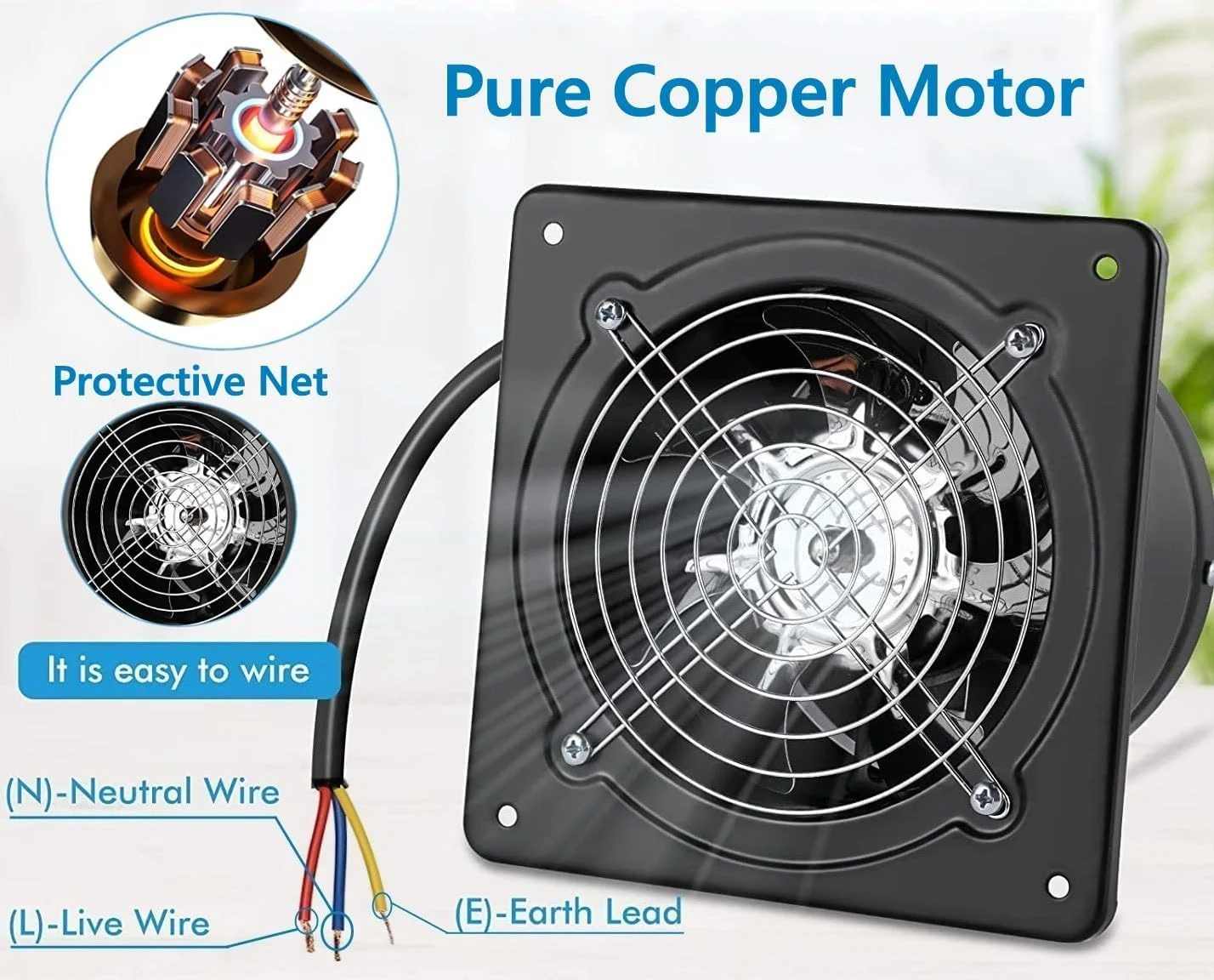 فن مکنده فلزی 10 اینچی 100 وات 695CFM، فن تخلیه هوا از طریق دیوار، تهویه دود برای آشپزخانه، حمام، رختشویخانه، گاراژ مشکی، با دمپر برگشتی فن تخلیه دیوار