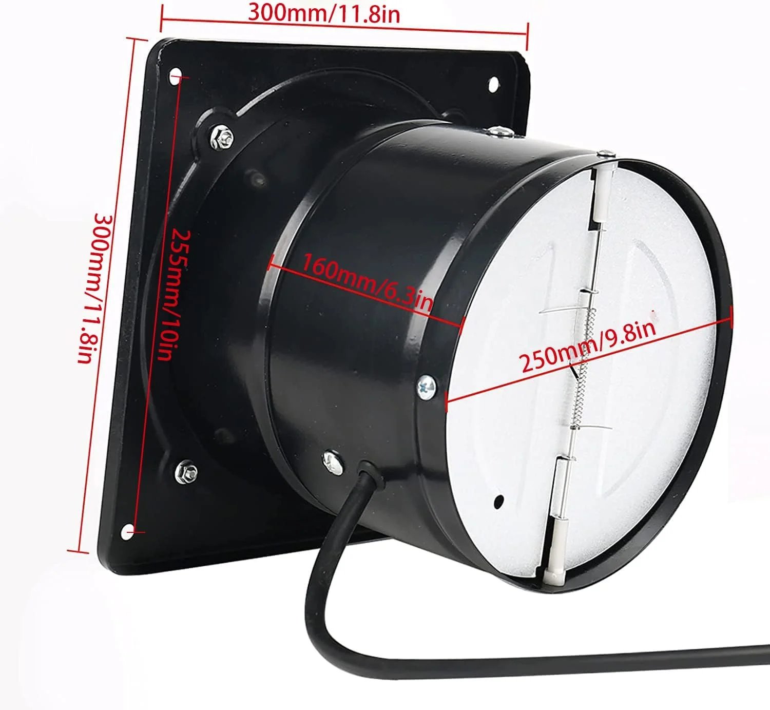 فن مکنده فلزی 10 اینچی 100 وات 695CFM، فن تخلیه هوا از طریق دیوار، تهویه دود برای آشپزخانه، حمام، رختشویخانه، گاراژ مشکی، با دمپر برگشتی فن تخلیه دیوار