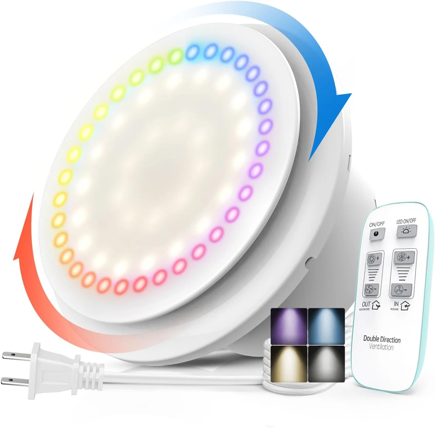 فن تهویه حمام با چراغ، 10 چراغ RGB ارتقا یافته، فن حمام 2 طرفه 6 سرعته با چراغ و ریموت، موتور DC کم صدا 3000 دور در دقیقه، فن های تهویه خانگی صرفه جویی در انرژی P108A2