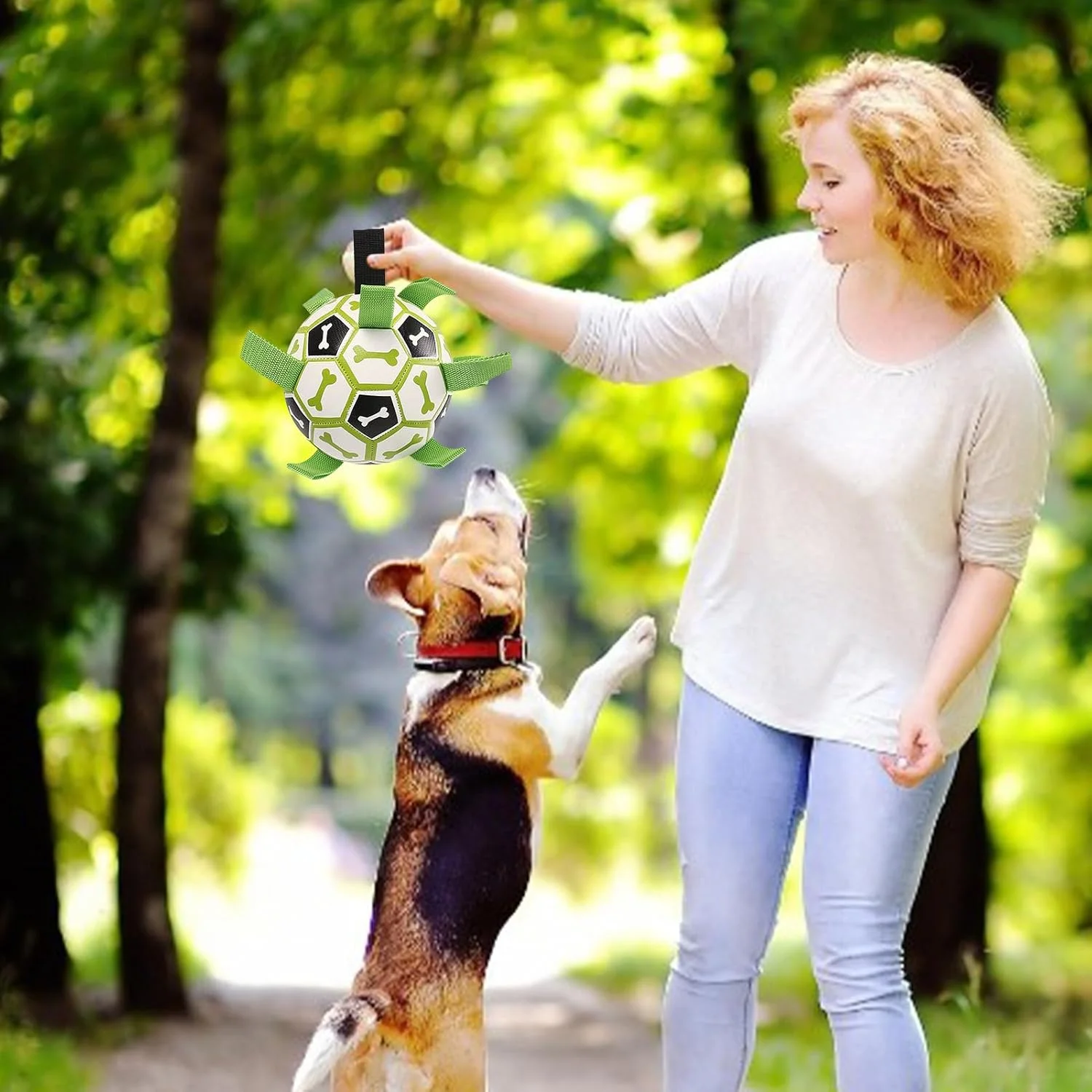 توپ فوتبال تعاملی سگ با طناب، اسباب بازی تعاملی سگ برای طناب کشی، توپ فوتبال با بند، شامل پمپ هوا، اسباب بازی آبی و کششی برای نژاد کوچک و متوسط​​، از بین برنده خستگی (6 اینچ)