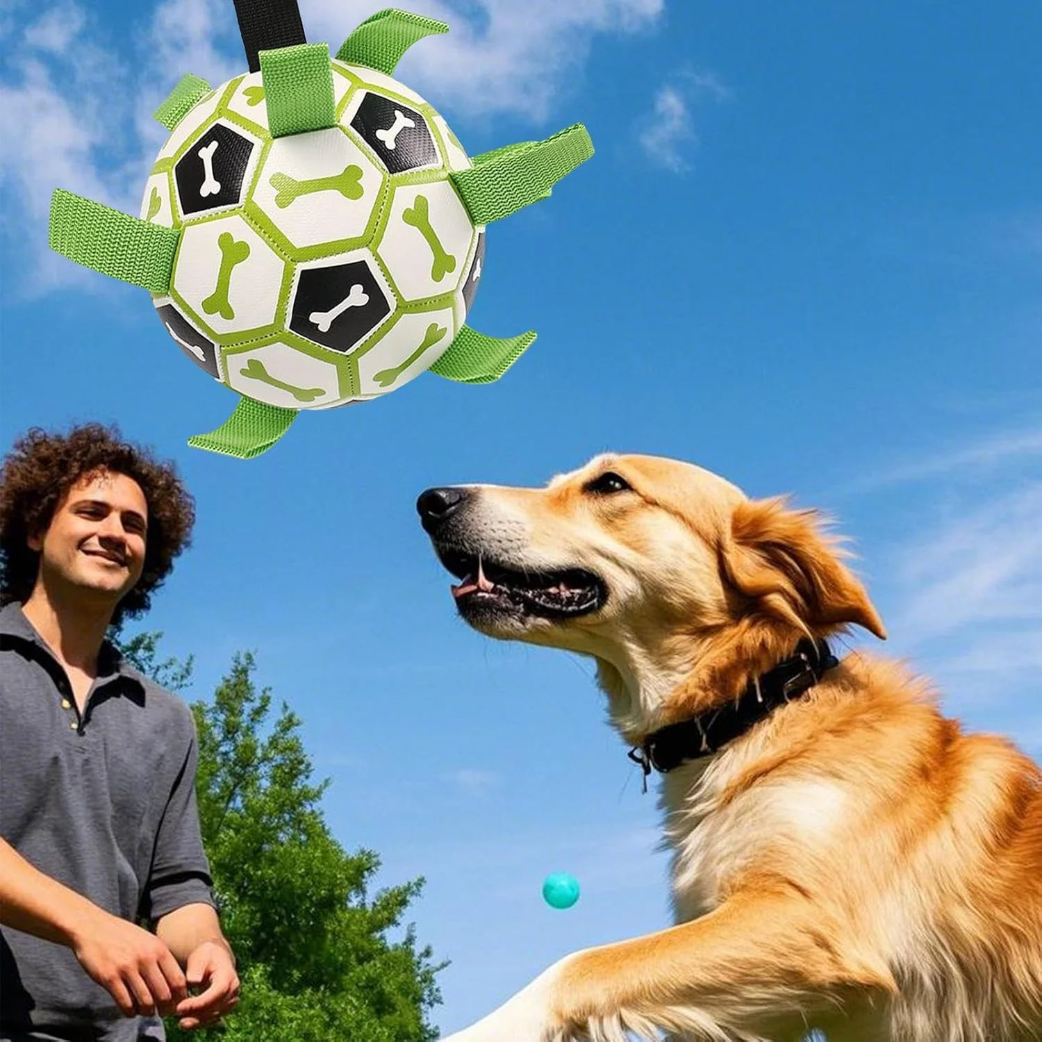 توپ فوتبال تعاملی سگ با طناب، اسباب بازی تعاملی سگ برای طناب کشی، توپ فوتبال با بند، شامل پمپ هوا، اسباب بازی آبی و کششی برای نژاد کوچک و متوسط​​، از بین برنده خستگی (6 اینچ)