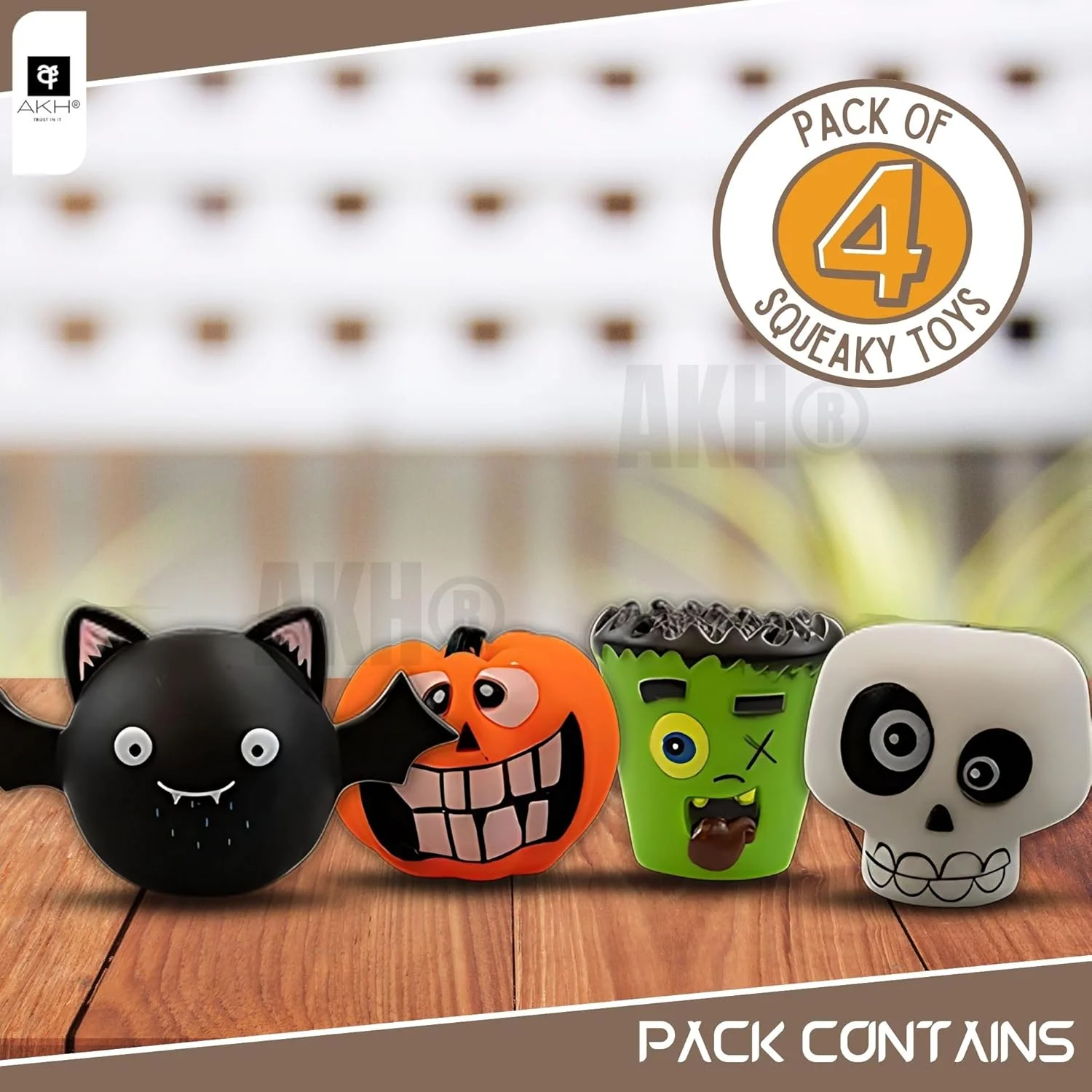 اسباب بازی سگ وینیل جیرجیردار هالووین AKH® | بسته 4 عددی | اسباب بازی جویدنی جدید و ترسناک برای سگ ها | اسباب بازی حیوانات خانگی پولیشی هالووین برای سرگرمی