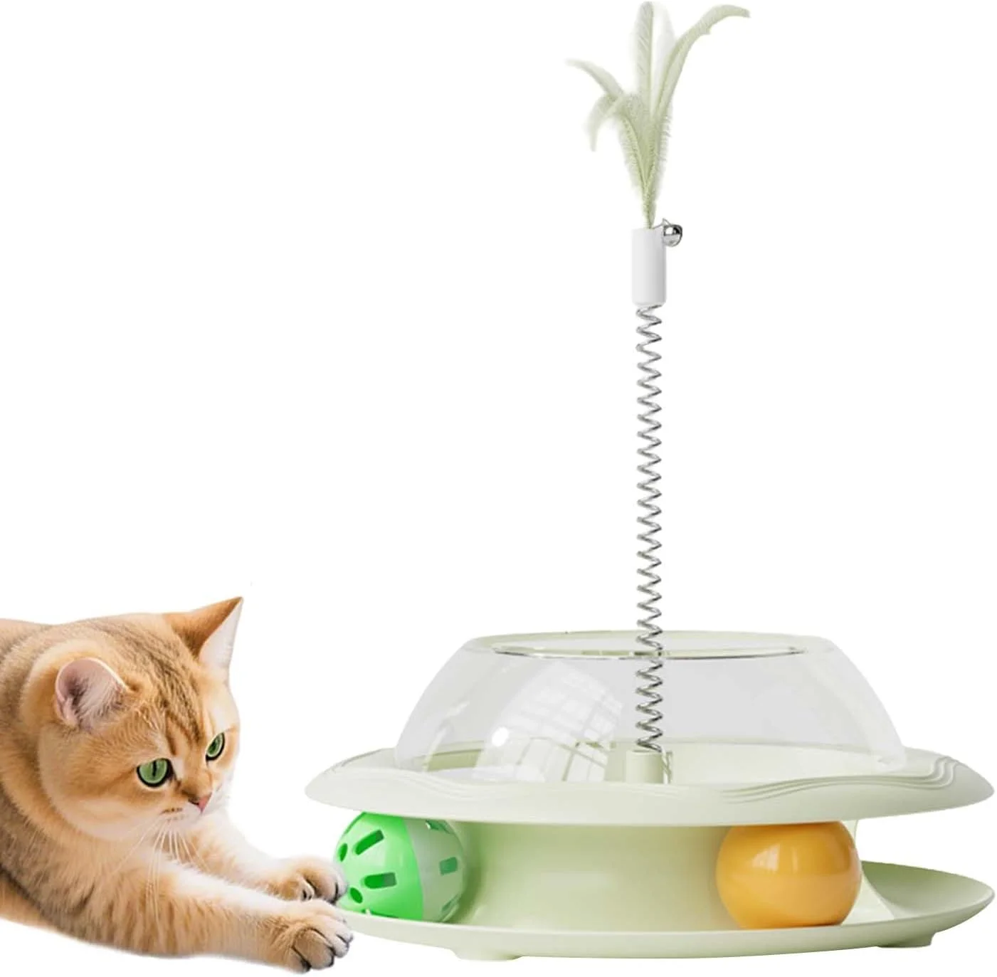 اسباب بازی پخش کننده تشویقی گربه، اسباب بازی های تعاملی گربه با چوب بازی فنری و توپ، بازی تغذیه سرگرم کننده برای شبیه سازی شکار و آموزش حیوانات خانگی در فضای داخلی