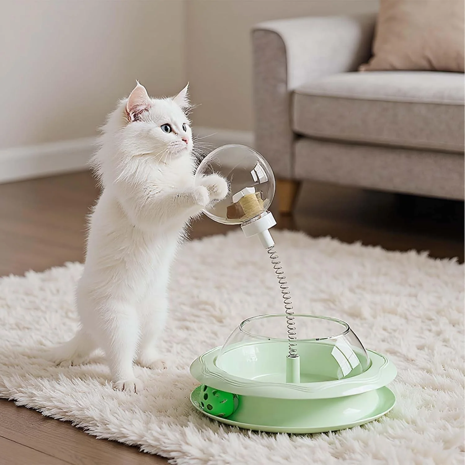 اسباب بازی تعاملی تشویقی گربه | پخش کننده تشویقی تعاملی برای گربه ها با چوب بازی فنری و توپ، پخش کننده غذا، بازی تغذیه ای برای شبیه سازی تمرین شکار