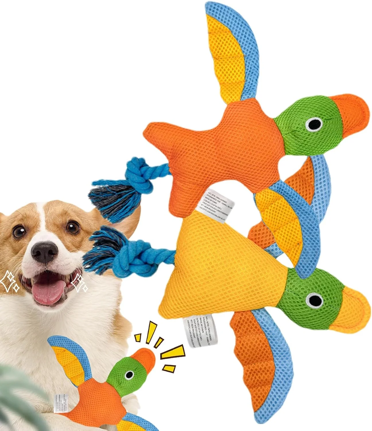 اسباب بازی سگ جیرجیرک دار، اسباب بازی جویدنی توله سگ طرح پرنده | لوازم دندان درآوردن تعاملی و مقاوم با پنبه پر شده و گره طناب برای حیوانات خانگی، مناسب جویدن تهاجمی، رفع بی حوصلگی توله سگ های کوچک، متوسط و بزرگ