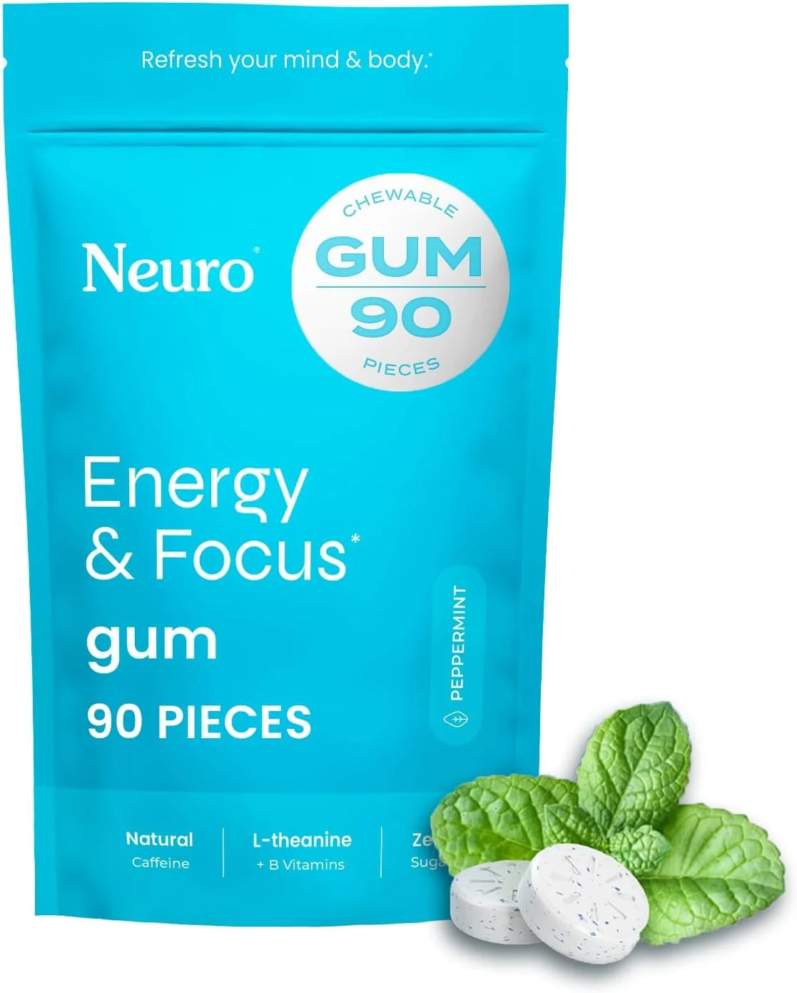 آدامس انرژی کافئین NeuroGum (90 عدد) - بدون شکر با ال-تیانین + کافئین طبیعی + ویتامین B12 و B6 - مکمل انرژی و تمرکز نوتروپیک برای زنان و مردان - کتو و وگان، طعم نعناع