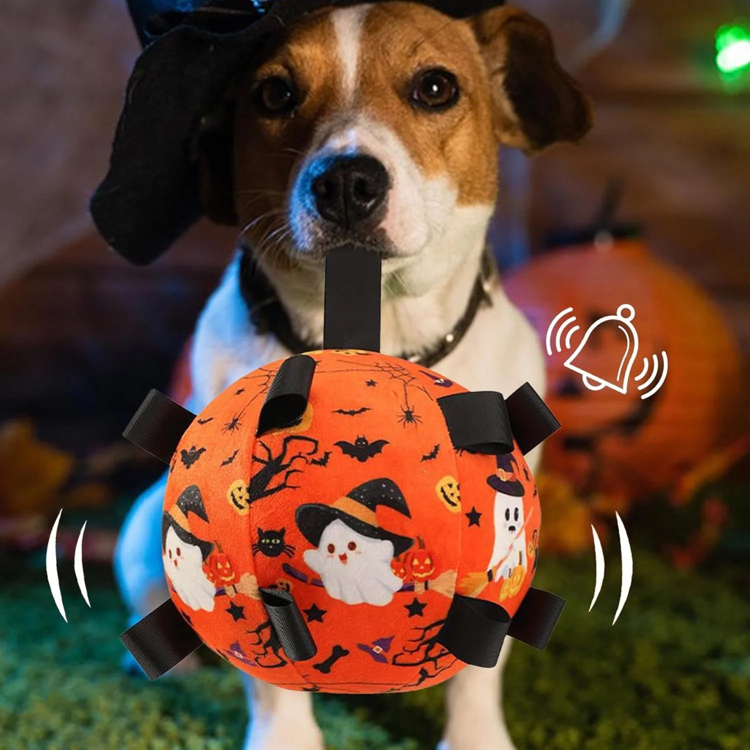توپ فوتبال سگ با بند، توپ فوتبال حیوانات خانگی هالووین | اسباب بازی زنگ آموزشی تعاملی برای تحریک تعقیب، رفع بی حوصلگی، بازی در خانه و هالووین