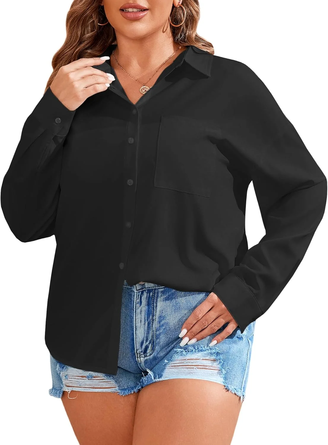 TAKEYAL بلوزهای زنانه سایز بزرگ دکمه دار آستین بلند یقه پولو مناسب پاییز و استایل کژوال با جیب