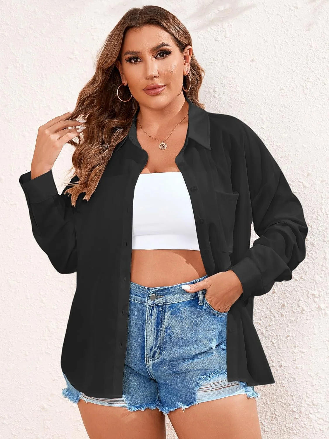 TAKEYAL بلوزهای زنانه سایز بزرگ دکمه دار آستین بلند یقه پولو مناسب پاییز و استایل کژوال با جیب