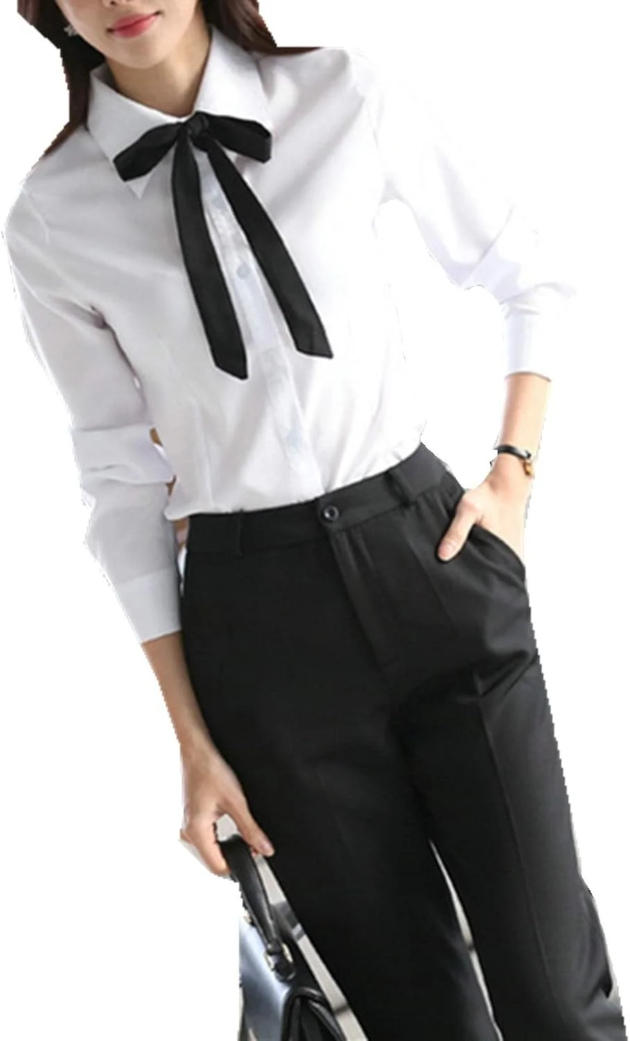 تايدوشنگ بلوز و شومیز زنانه آستین بلند سفید دکمه دار با کراوات مناسب کار، سفید، سایز XL