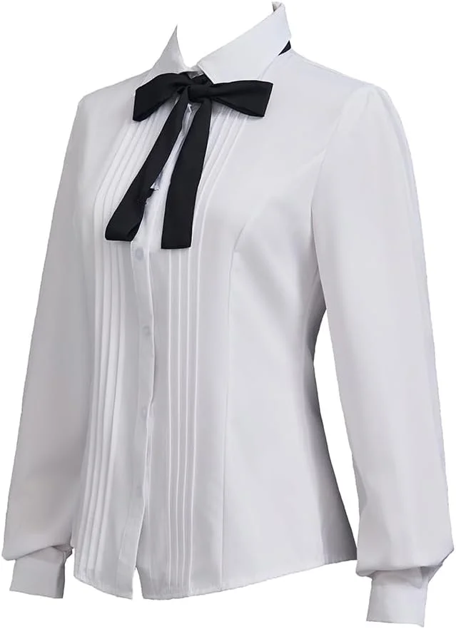 تاپ های باریک زنانه Taiduosheng، بلوز، پیراهن های آستین بلند سفید دکمه دار با کراوات، پیراهن های کار