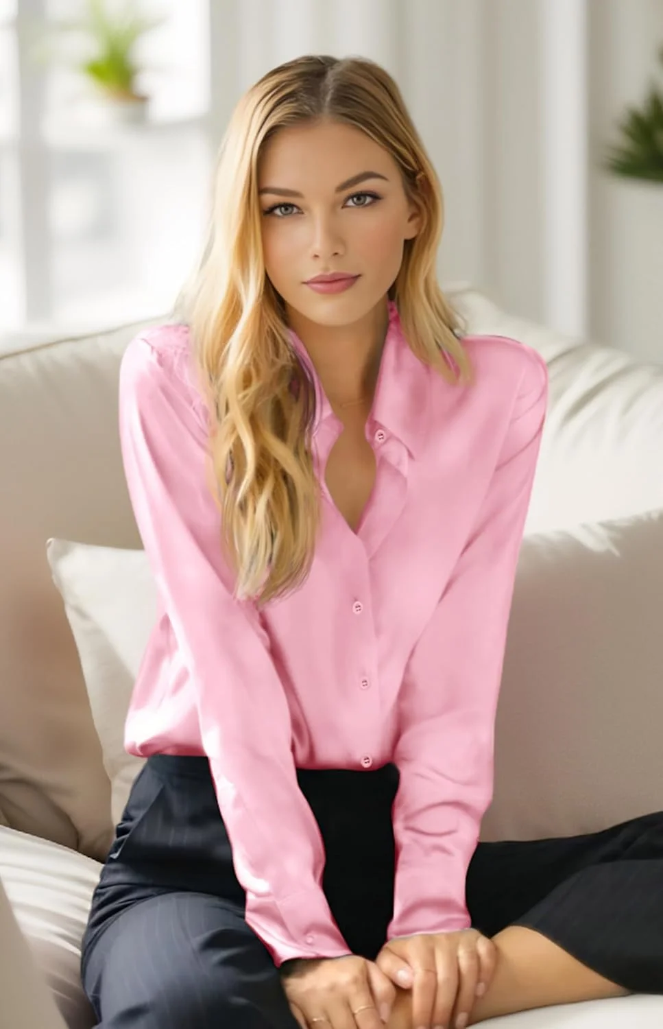 Syewan بلوزهای دکمه دار زنانه ساتن ابریشمی نرم و کشسان با آستین بلند طرح پلنگی مناسب کار و مهمانی