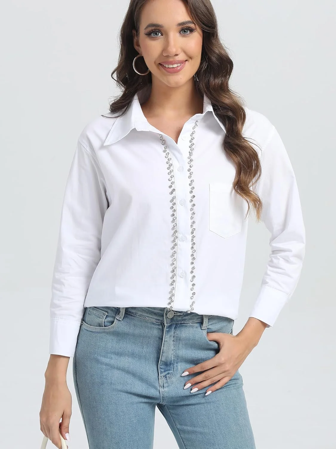 پیراهن زنانه سفید تزیین شده سان نو، بلوز دکمه دار شیک با جزئیات تزئینی