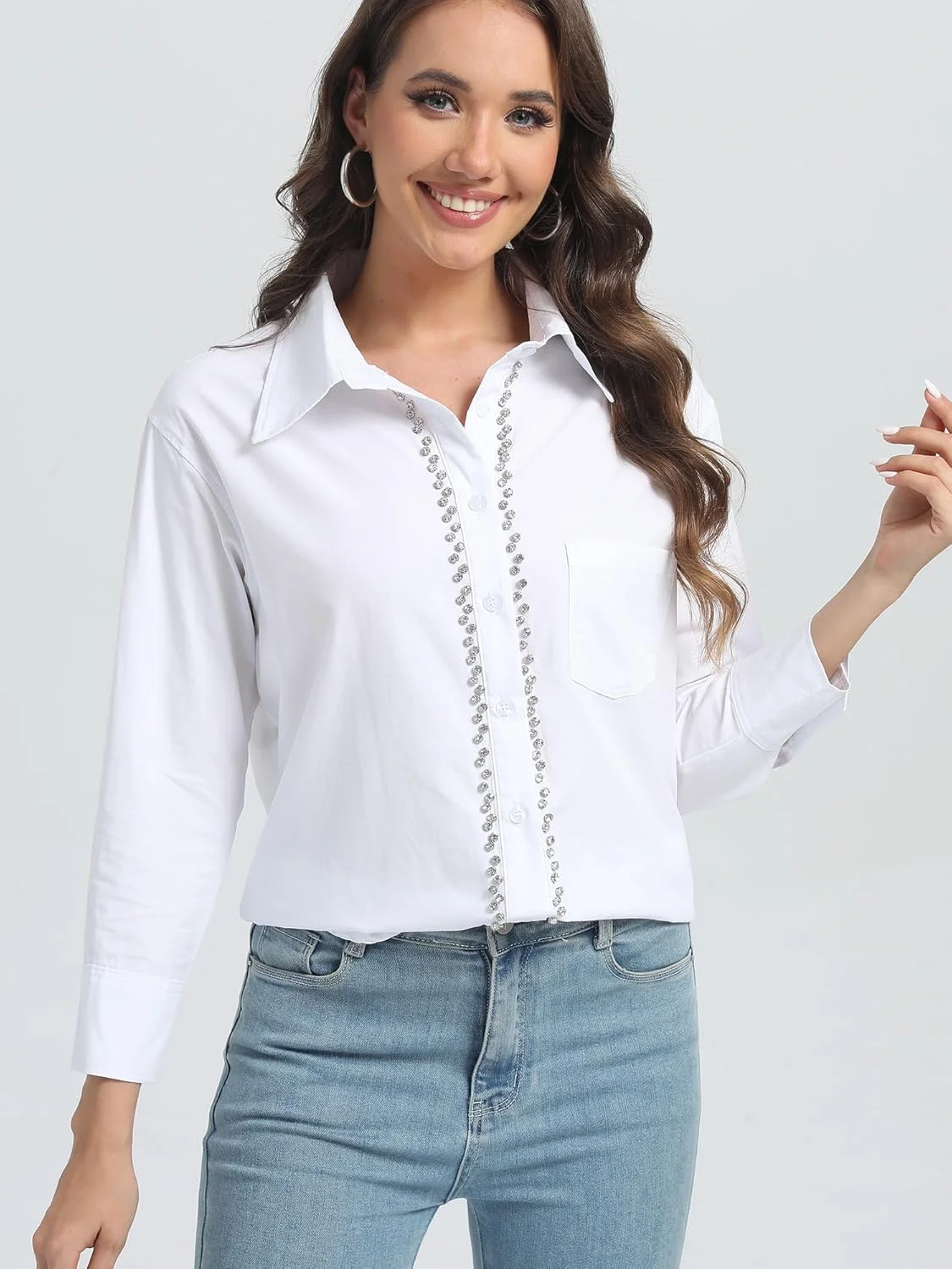 پیراهن زنانه سفید تزیین شده سان نو، بلوز دکمه دار شیک با جزئیات تزئینی