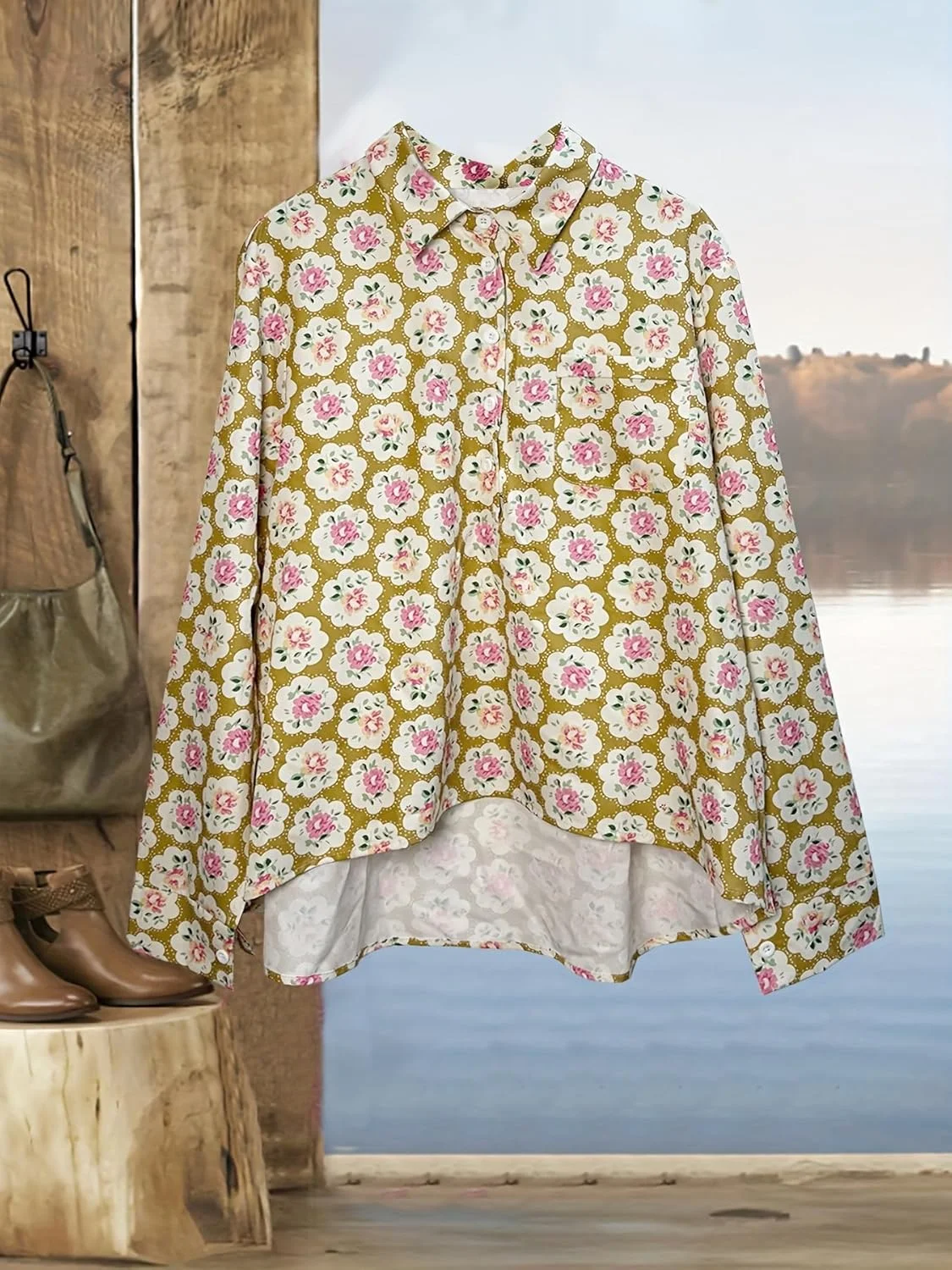 پیراهن ساحلی تابستانی بوهو زنانه، بلوز آستین بلند دکمه دار با طرح گلدار، تاپ های غیر رسمی