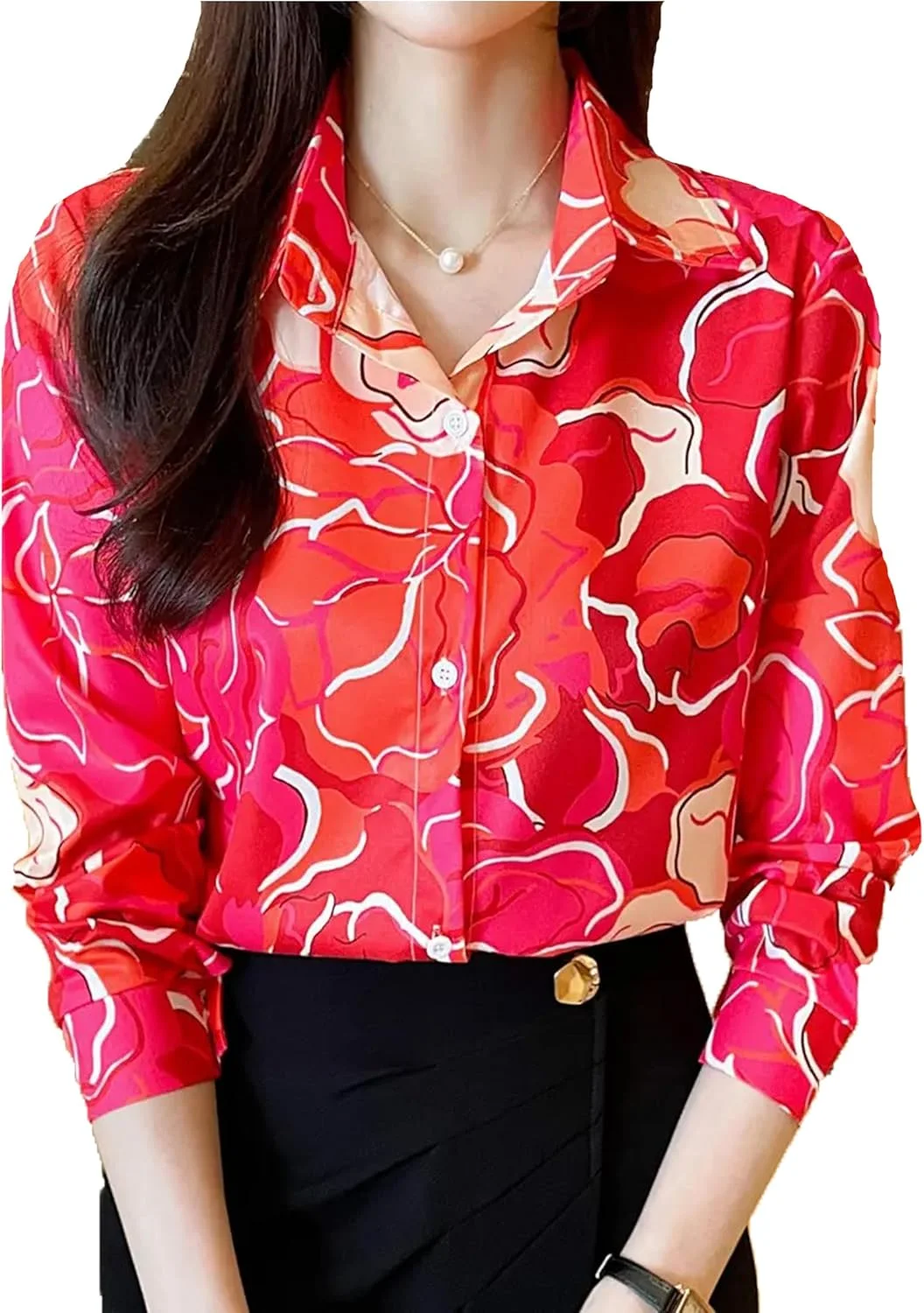 بلوزهای ساتن دکمه دار طرح دار stylFRSH برای زنان، پیراهن های آستین بلند غیر رسمی شیک، تاپ های مد (WS301-P)