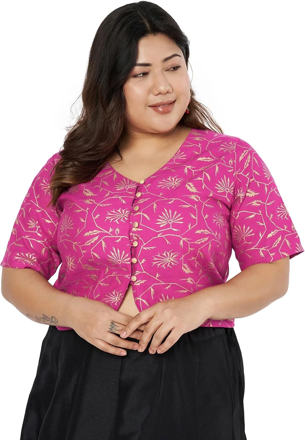 تاپ زنانه استودیو رسا، سایز بزرگ، ویسکوز، طرح چاپی بلوک دکمه دار، مناسب عروسی و جشن