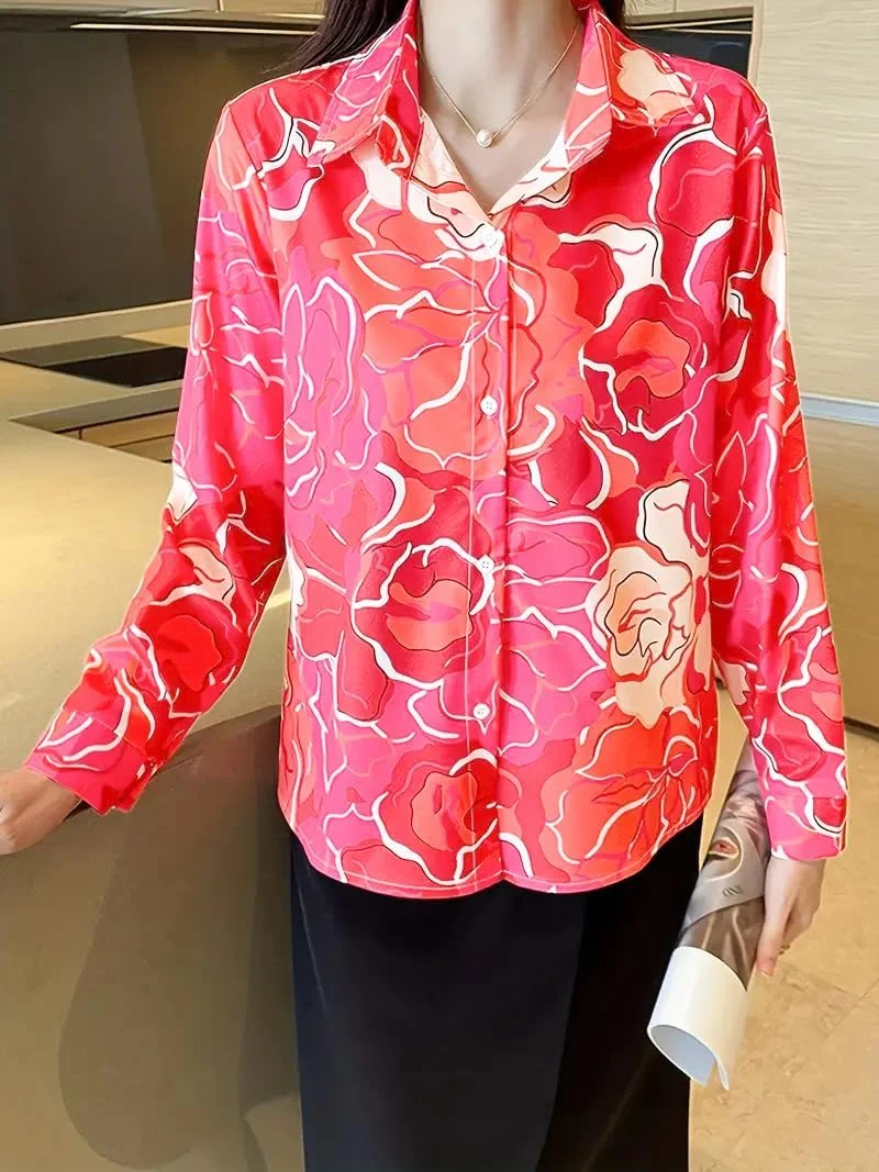 بلوزهای ساتن دکمه دار طرح دار stylFRSH برای زنان، پیراهن های آستین بلند غیر رسمی شیک، تاپ های مد (WS301-P)