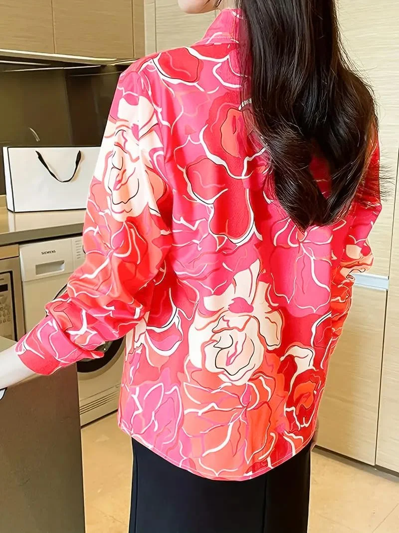بلوزهای ساتن دکمه دار طرح دار stylFRSH برای زنان، پیراهن های آستین بلند غیر رسمی شیک، تاپ های مد (WS301-P)