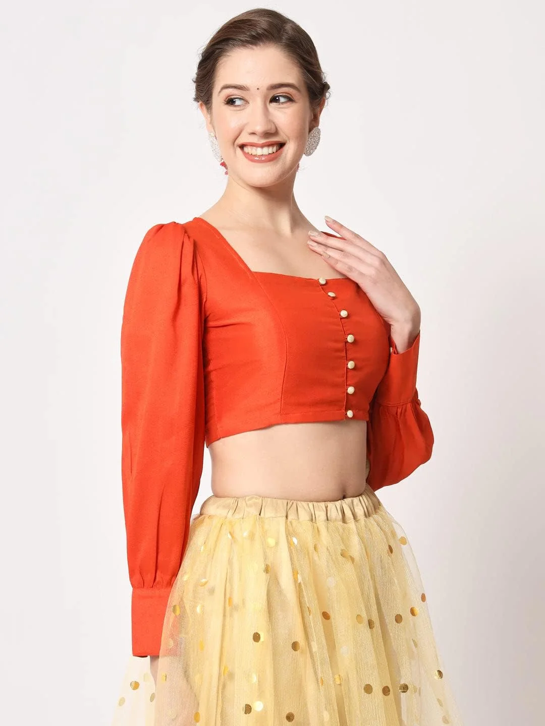 بلوز زنانه استودیو رسا مدل Chroma دکمه دار مناسب مهمانی عروسی (TPWC12307XS_BL_Orange_X-Small)، نارنجی، XS