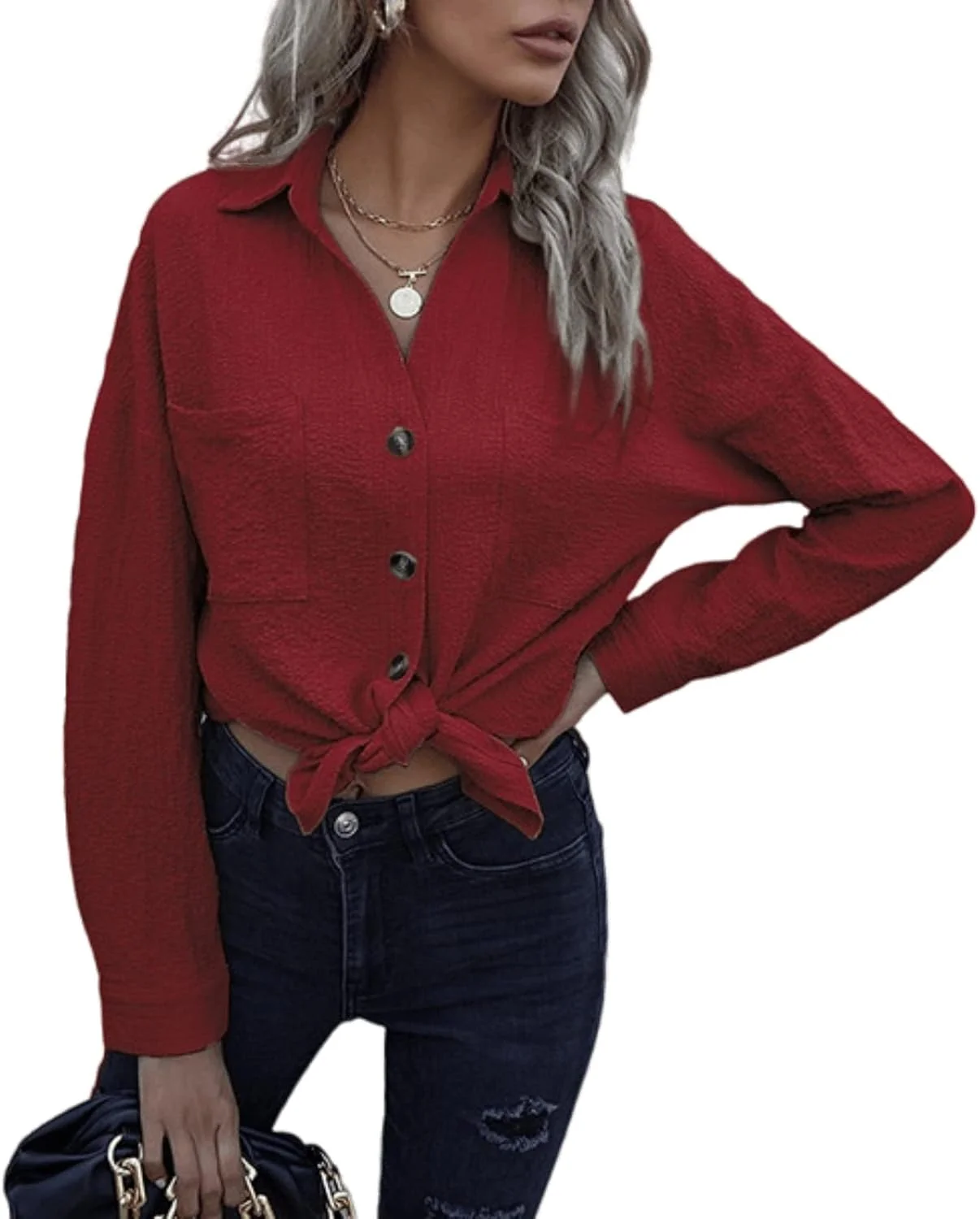پیراهن های دکمه دار بهاره زنانه، بلوز آستین بلند یکدست، تونیک، ژاکت بافتنی، تی شرت گشاد مناسب استایل اداری زنانه، قرمز، سایز M
