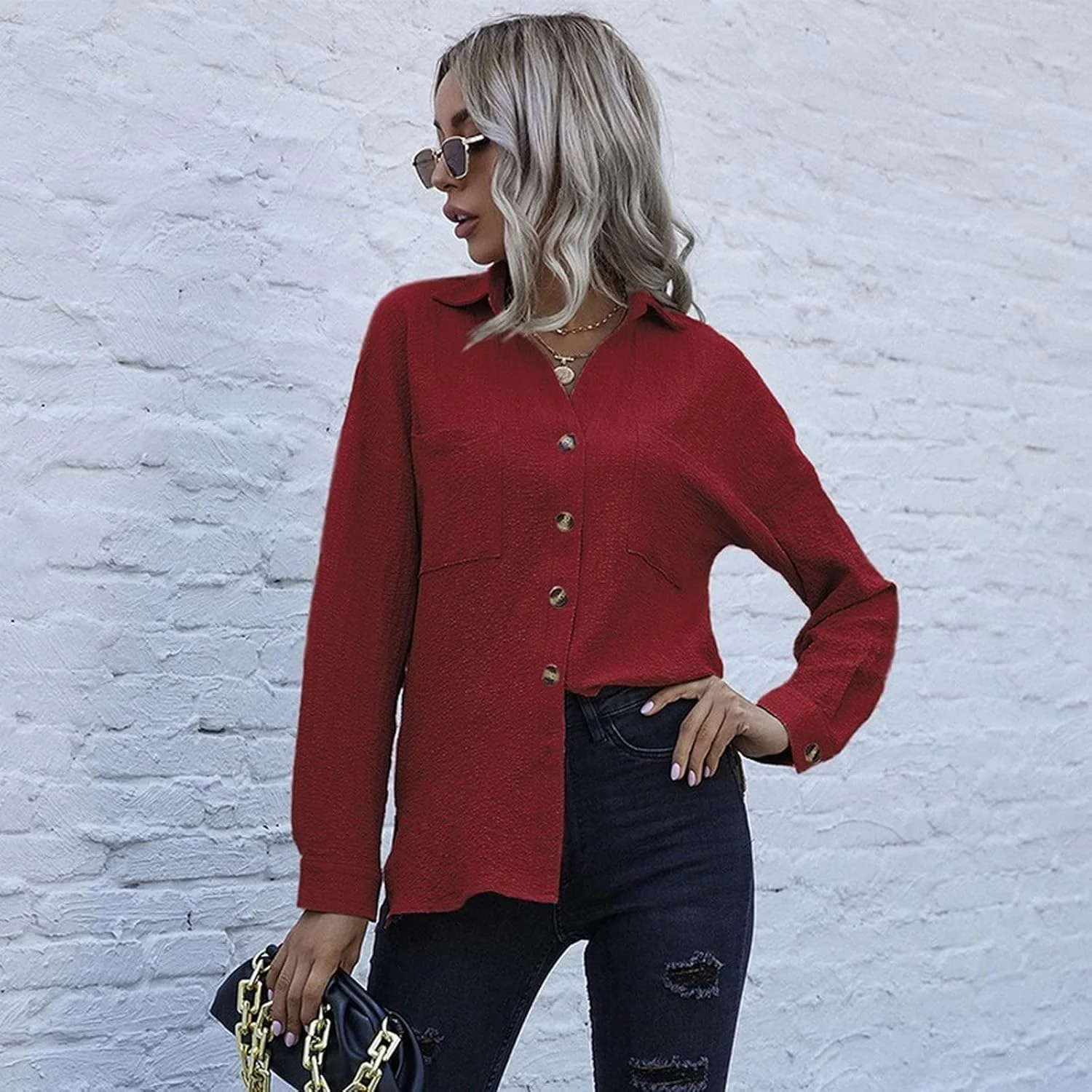 پیراهن های دکمه دار بهاره زنانه، بلوز آستین بلند یکدست، تونیک، ژاکت بافتنی، تی شرت گشاد مناسب استایل اداری زنانه، قرمز، سایز M