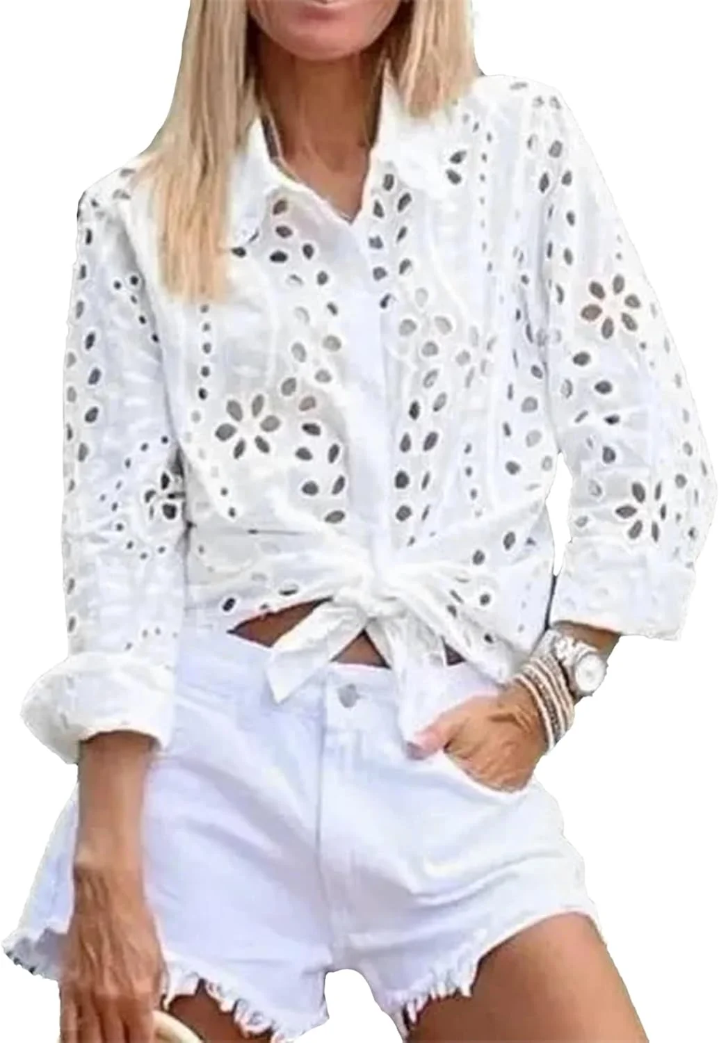 شومیز زنانه سامترون با گلدوزی های سوراخ دار، یقه دار، دکمه دار، آستین بلند، توری مجلسی و شیک