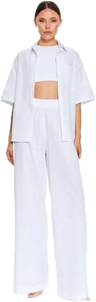 پیراهن لینن زنانه سودامودا، پیراهن لینن سفید زنانه، پیراهن دکمه دار لینن زنانه، بلوز لینن زنانه