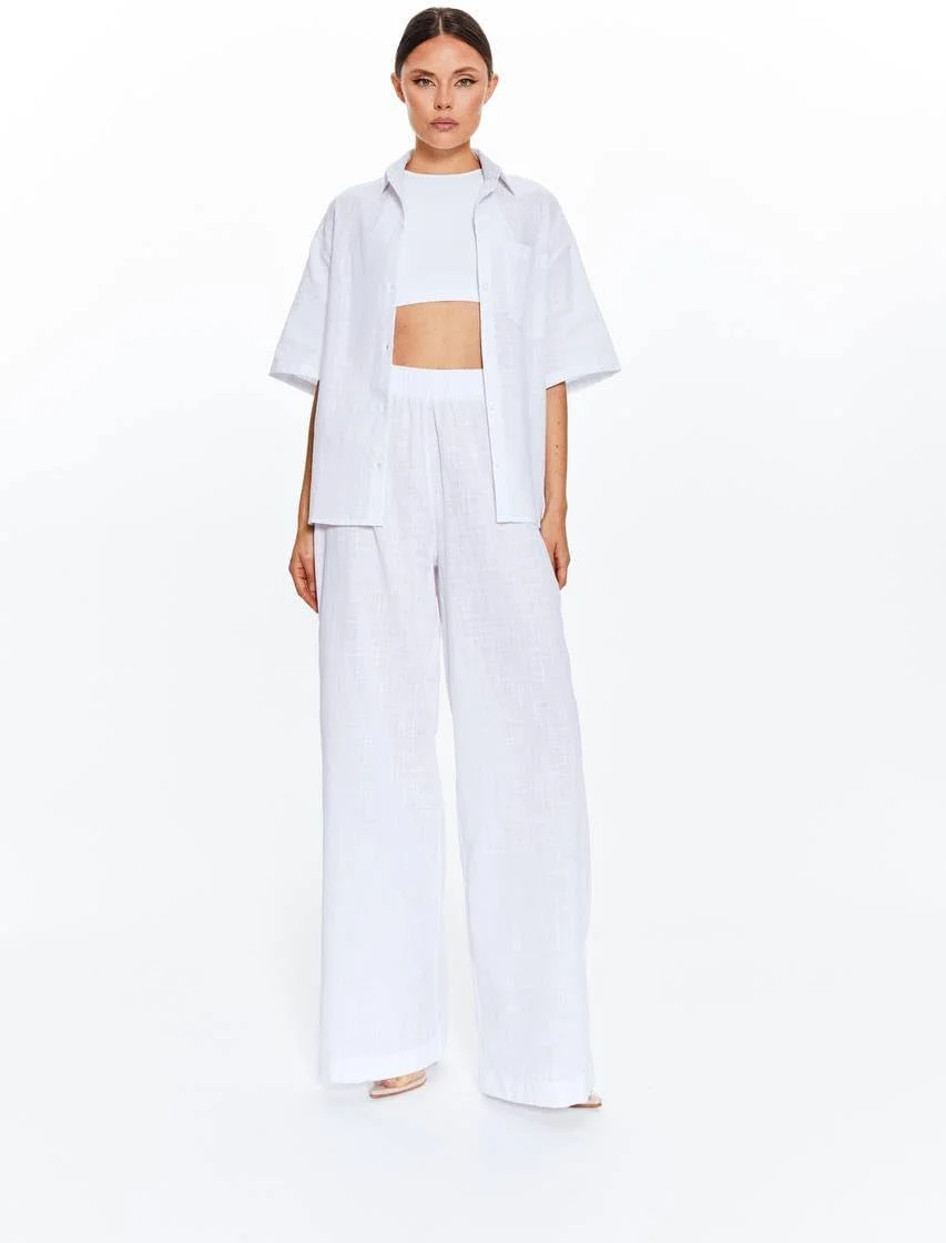 پیراهن لینن زنانه سودامودا، پیراهن لینن سفید زنانه، پیراهن دکمه دار لینن زنانه، بلوز لینن زنانه