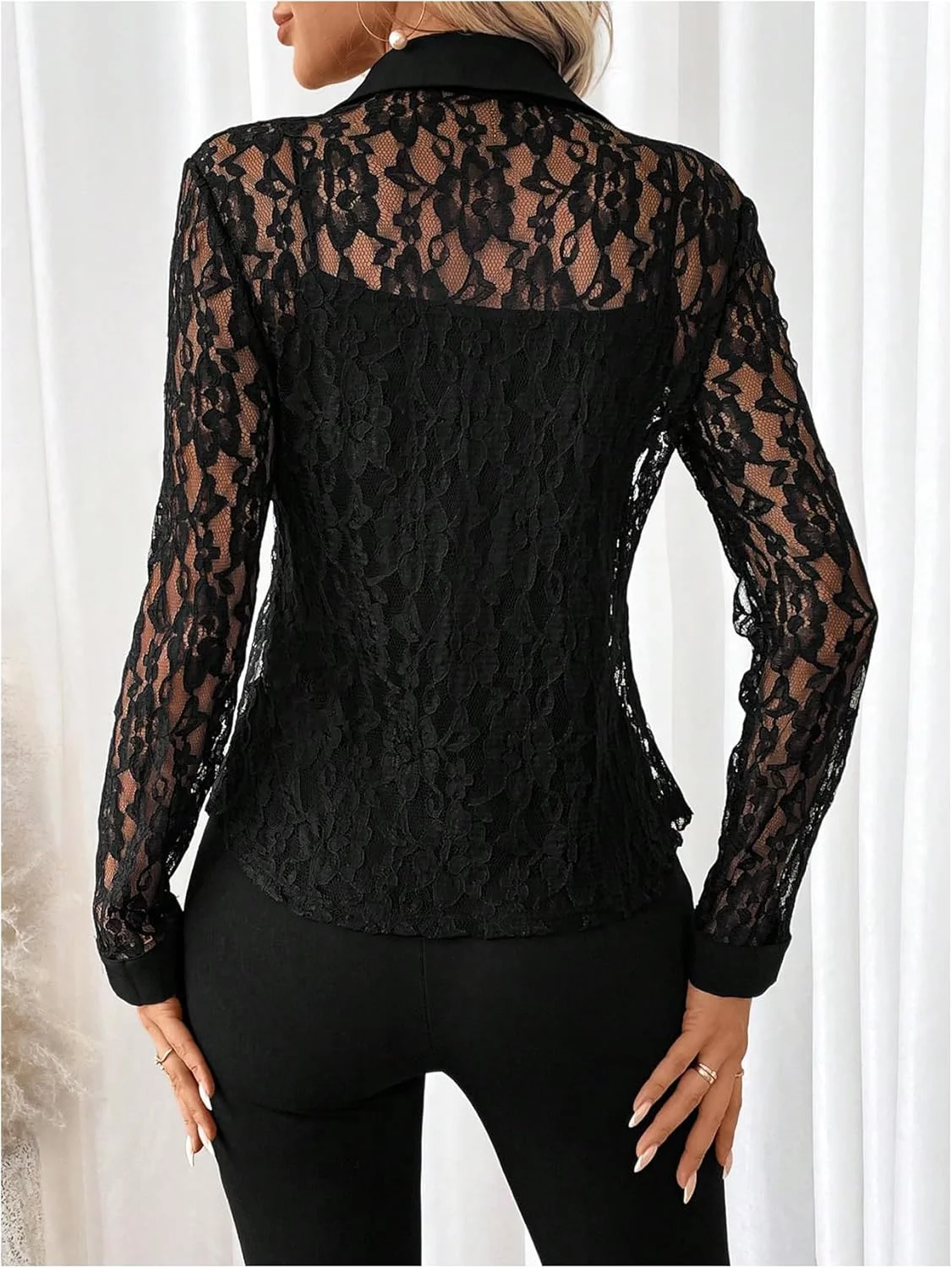 بلوز توری زنانه SOLY HUX، دکمه دار، آستین بلند، پیراهن یقه دار، مناسب استایل "پولدار قدیمی"