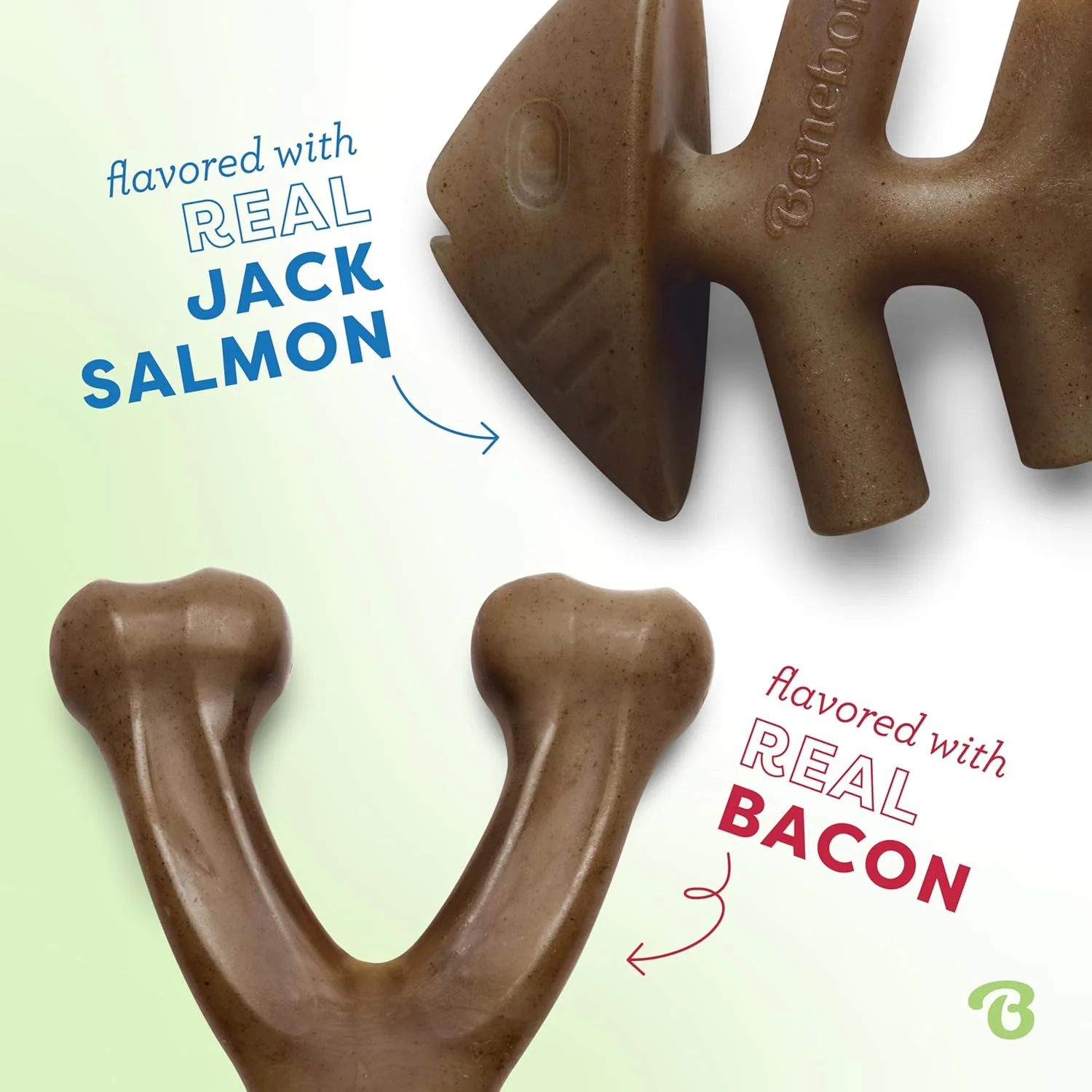 بسته 2 عددی اسباب بازی جویدنی سگ بن بن مدل استخوان ماهی/استخوان آرزو، بادوام و مقاوم، از بین برنده خستگی سگ، طعم واقعی ماهی سالمون و بیکن، مناسب برای سگ های کوچک، ساخت آمریکا