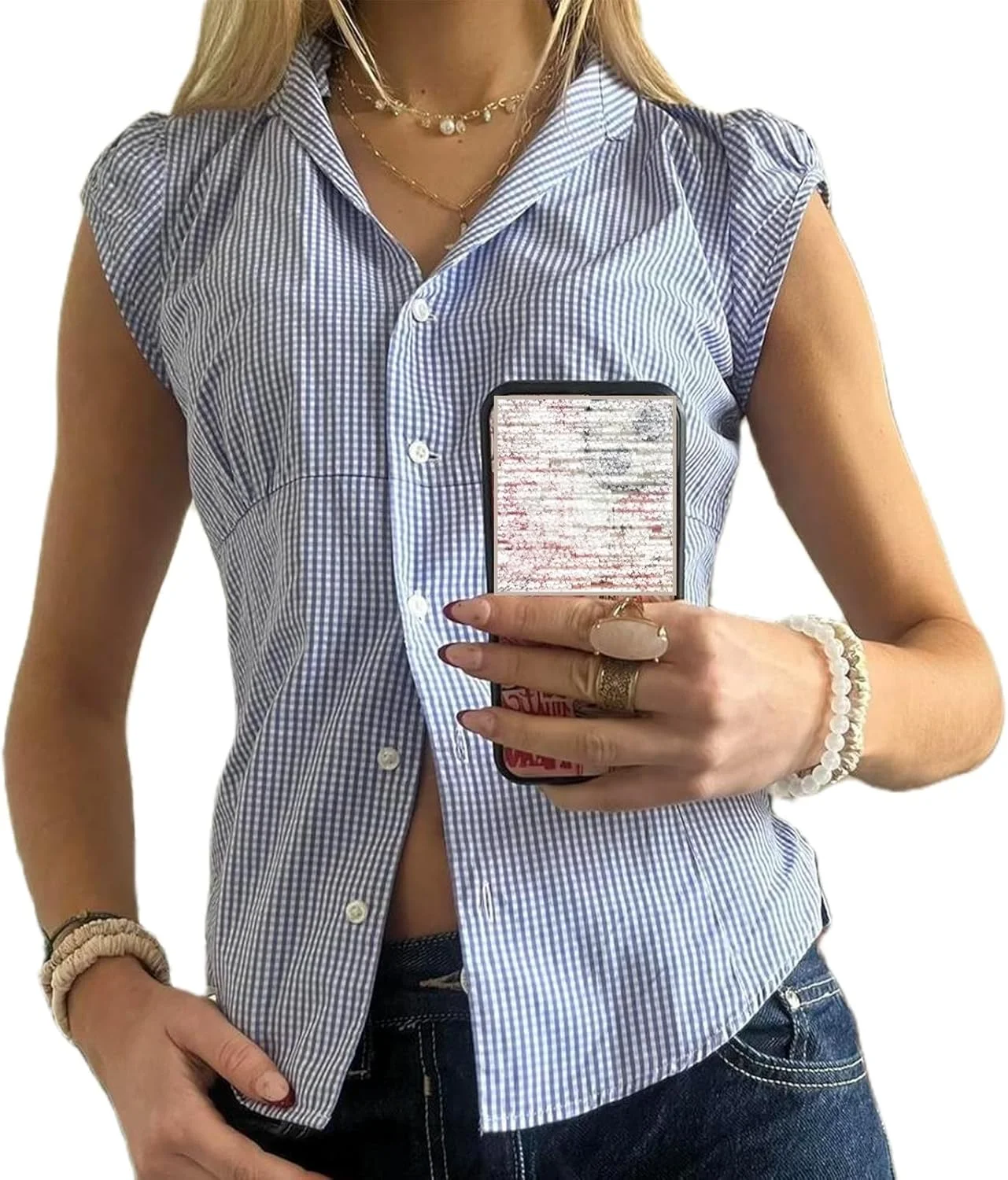 بلوز زنانه دکمه دار آستین کوتاه YK، مدل جذب و کوتاه، طرح Coquette، یقه هفت، سبک Preppy و وینتیج