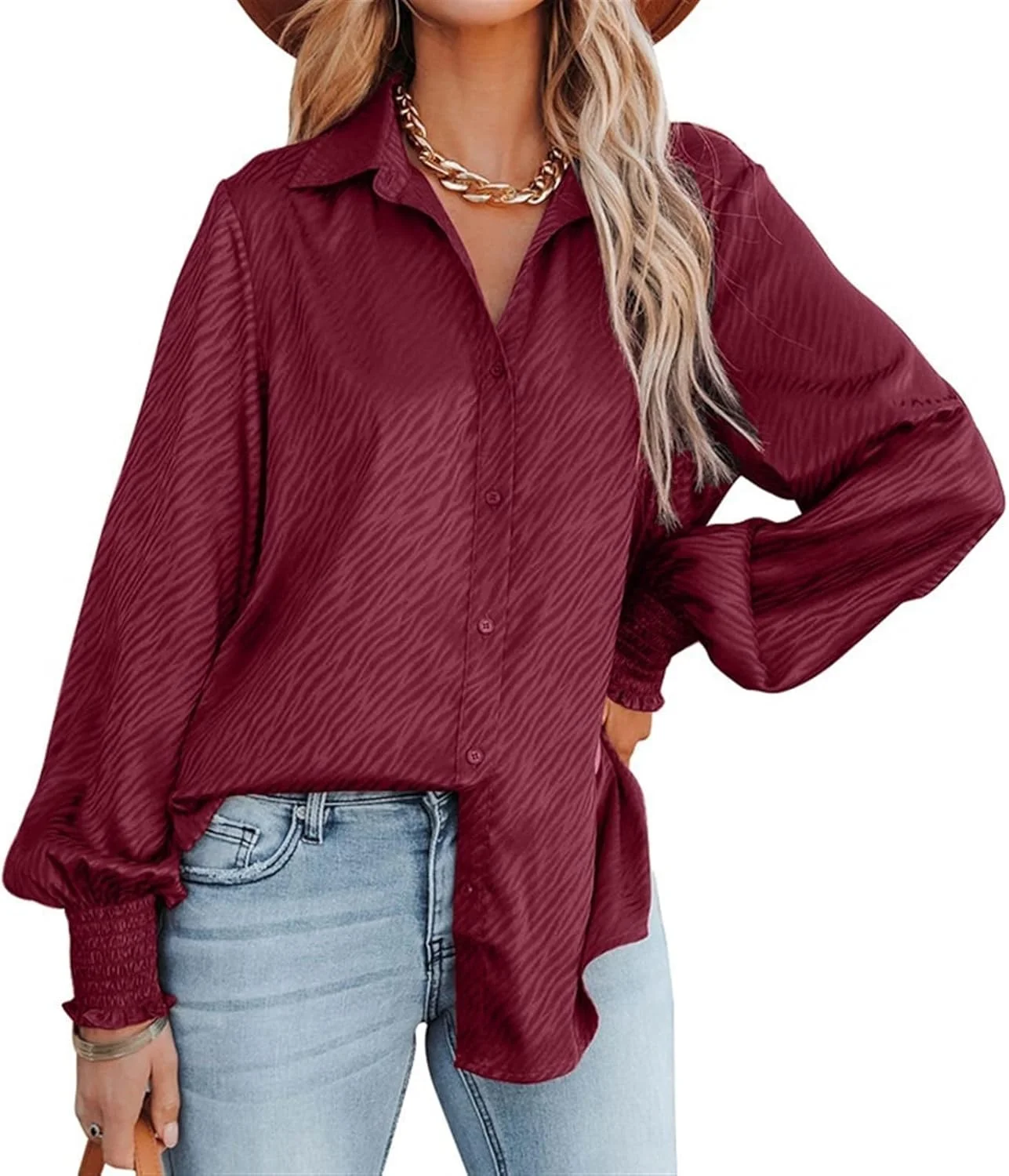 پیراهن آستین بلند زنانه، مدل های جدید - پیراهن های دکمه دار ساتن زنانه، آستین بلند قابل جمع شدن، یقه برگردان، یقه هفت، گشاد، مناسب کار، بهار و تابستان، بلوز تاپ 2023 (رنگ: قرمز شرابی، سایز: S)