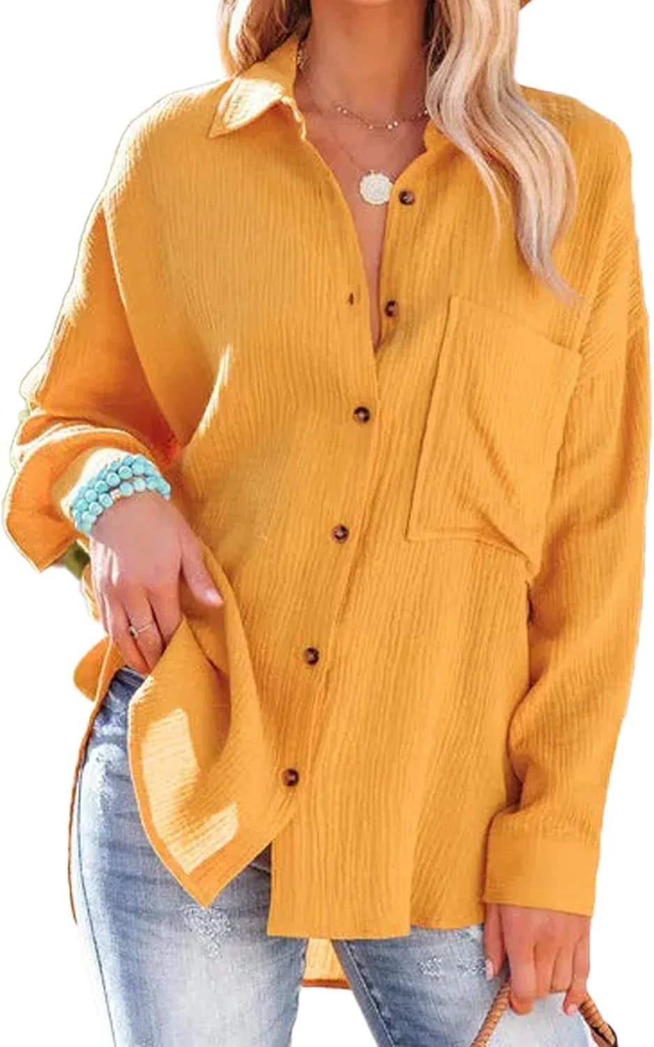 پیراهن آستین بلند زنانه یقه هفت دکمه دار یقه برگردان بلوز گشاد و بزرگ سایز رنگ ثابت غیر رسمی مناسب کار با جیب